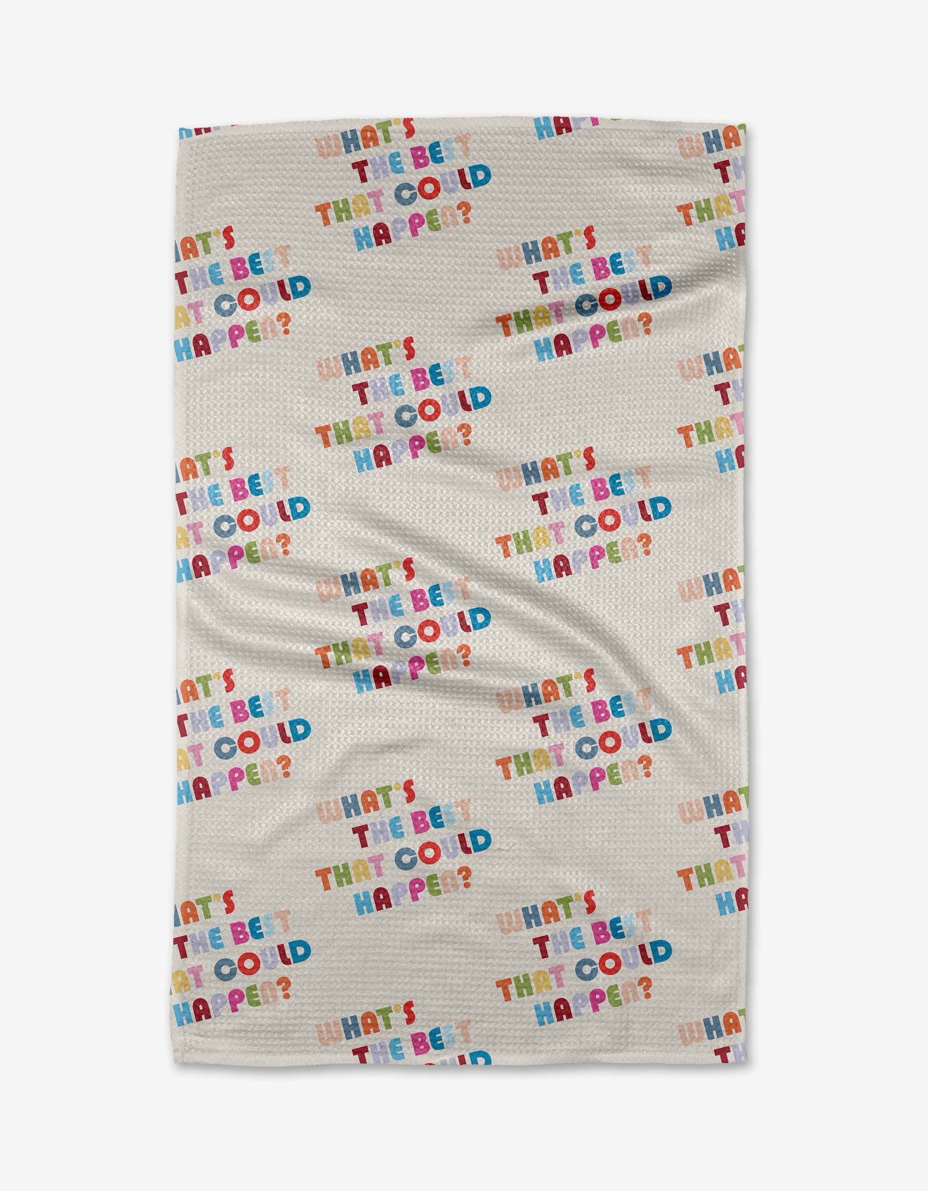 The Good Question blanket by Quotes by Christie features Geoweave beige fabric with WHATS THE BEST THAT COULD HAPPEN? printed repeatedly in vibrant, playful lettering.