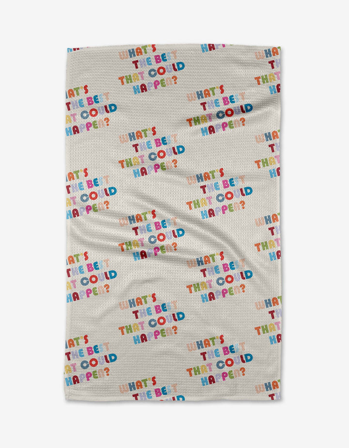 The Good Question blanket by Quotes by Christie features Geoweave beige fabric with WHATS THE BEST THAT COULD HAPPEN? printed repeatedly in vibrant, playful lettering.