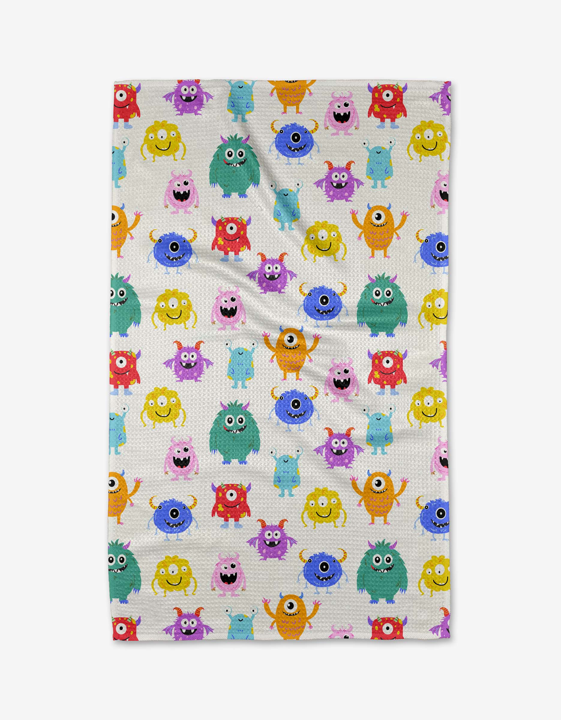 The Goofy Critters kitchen towel by Vaishali Design Studio features a vibrant pattern of cheerful cartoon monsters in bright colors on a white background, combining fun design with absorbent functionality.
