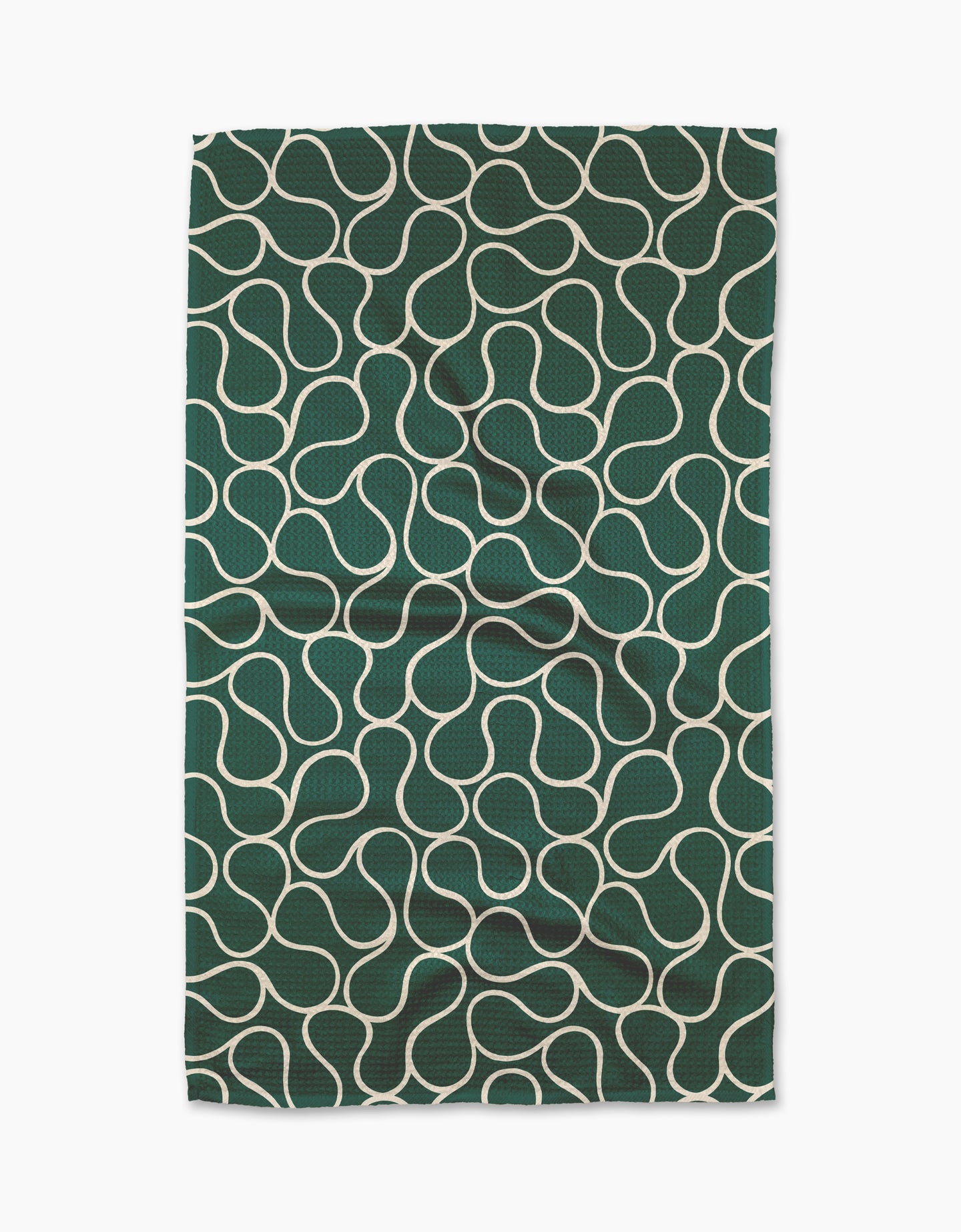 The Gerdadzy Green Loops is a dark green recycled tea towel featuring an all-over wavy, interconnected white line design, shown against a white background.