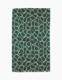 The Gerdadzy Green Loops is a dark green recycled tea towel featuring an all-over wavy, interconnected white line design, shown against a white background.