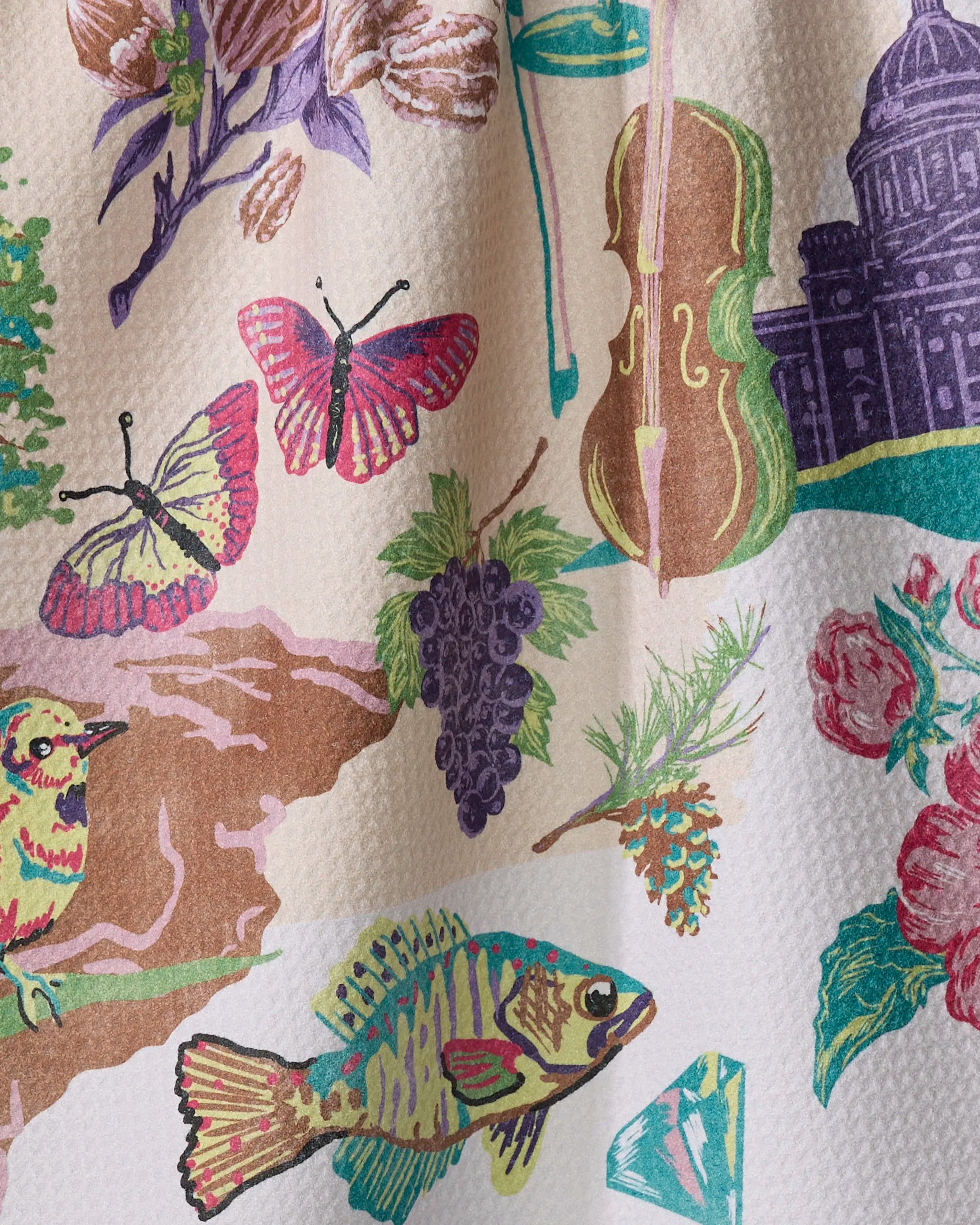 Geometry’s “Greetings From Arkansas” tea towel showcases a vibrant illustration of butterflies, a cello, grapes, a bird, pinecones, a fish, flowers, and a domed building on a textured, off-white quick-dry fabric.