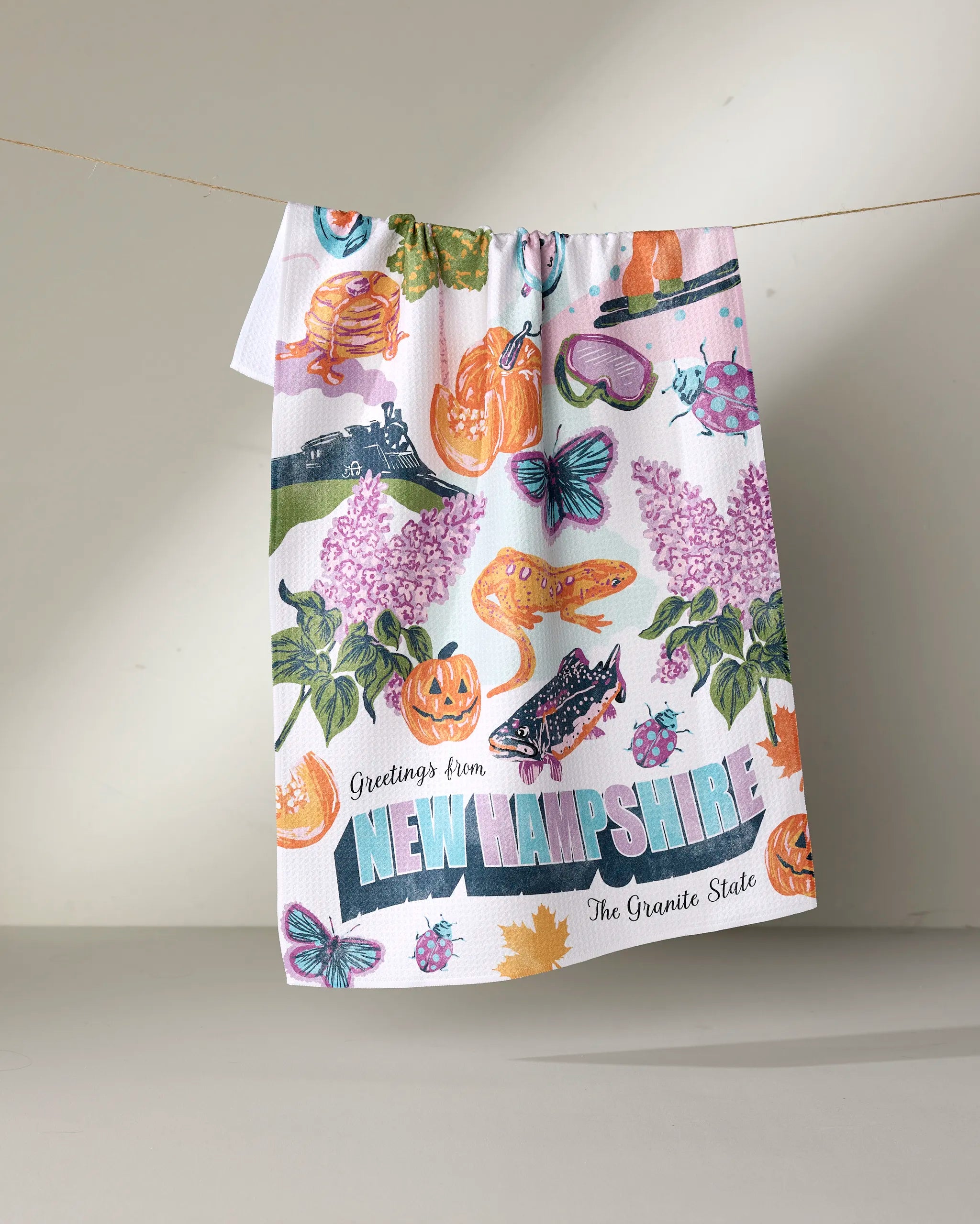 The Geometry "Greetings From New Hampshire" tea towel, made from recycled materials, hangs on a line featuring pumpkins, lilacs, butterflies, maple leaves, and a snake. It reads: Greetings from NEW HAMPSHIRE The Granite State.