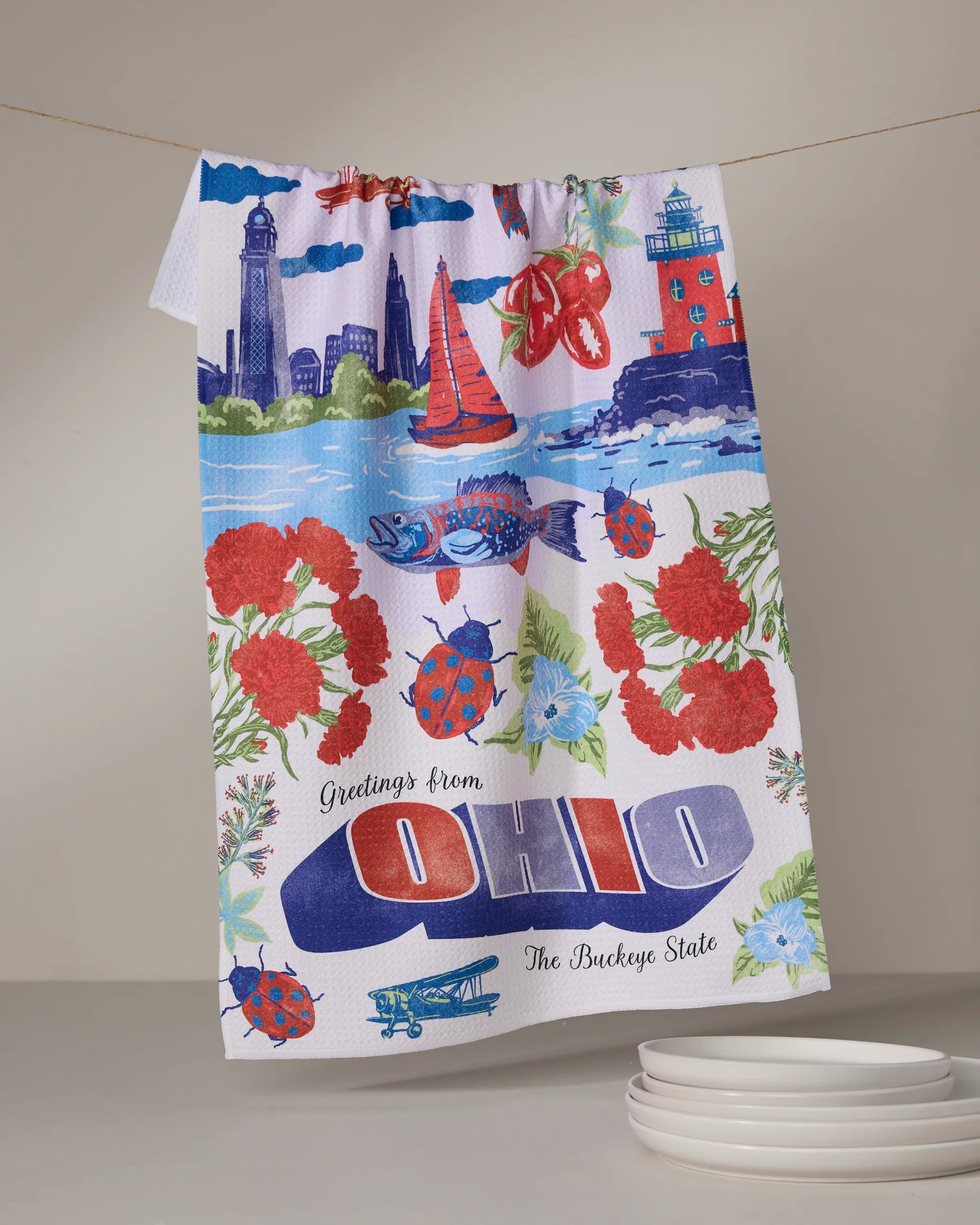 A colorful "Greetings From Ohio" recycled kitchen towel by Geometry hangs on a line, featuring Ohio-themed illustrations and text. Plates rest on the gray surface below.