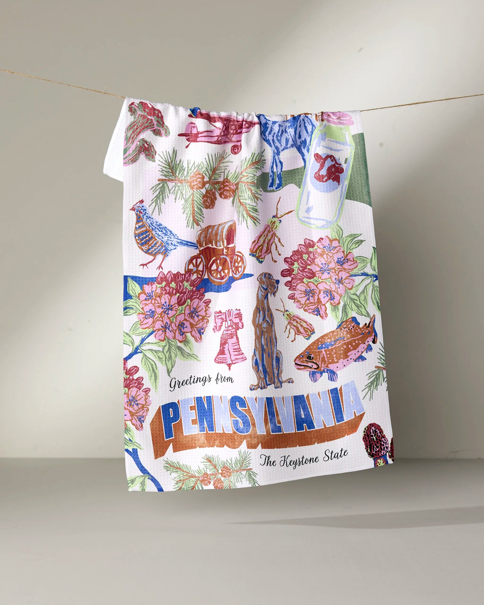 A colorful, quick-drying Geometry tea towel called "Greetings From Pennsylvania" hangs on a line, showcasing state symbols like a deer, trout, flowers, cannons, and a can with a red keystone.