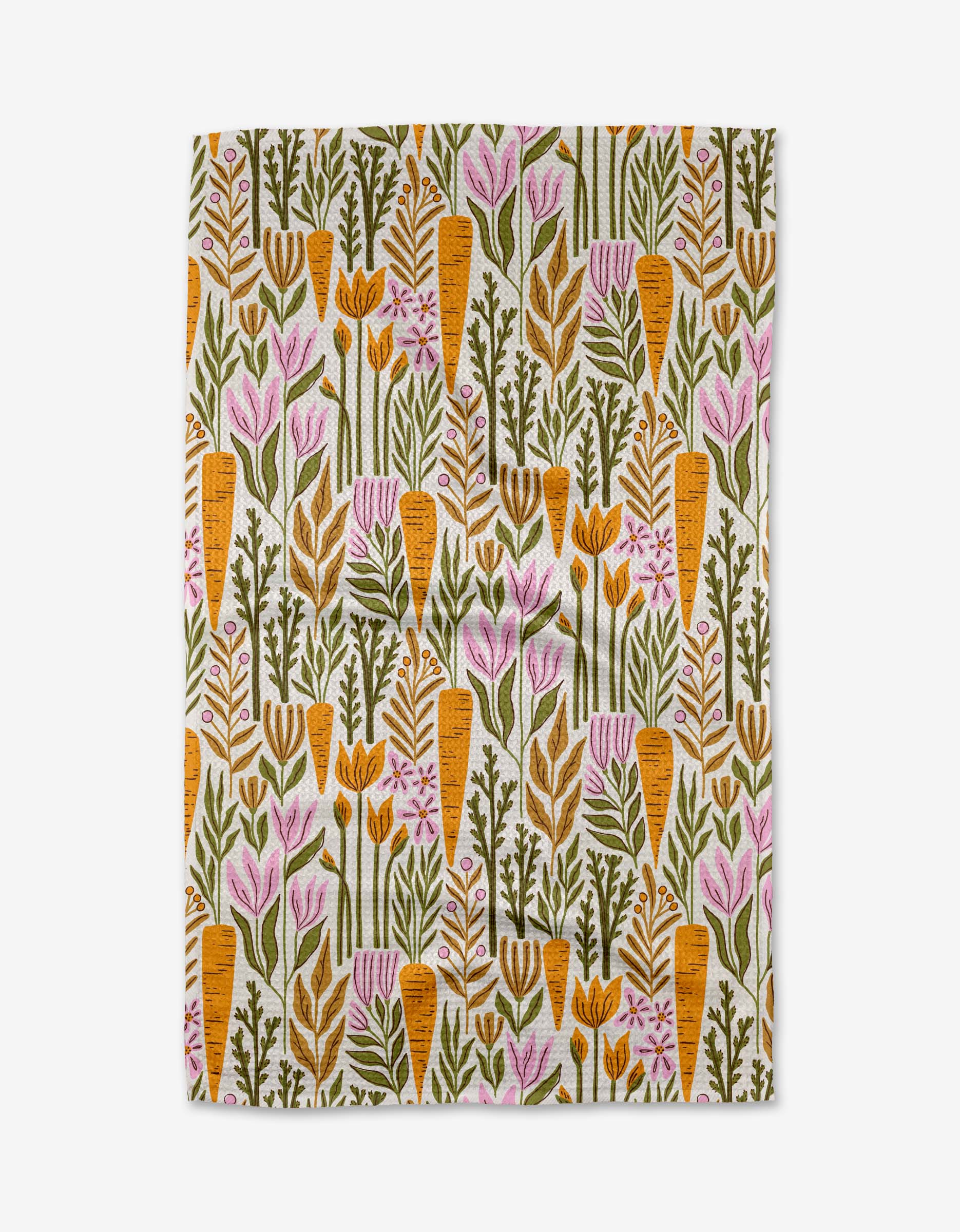 The Gwendolyn tea towel by Amy MacCready features orange carrots, brown and green leaves, and pink flowers on white, crafted from recycled materials.