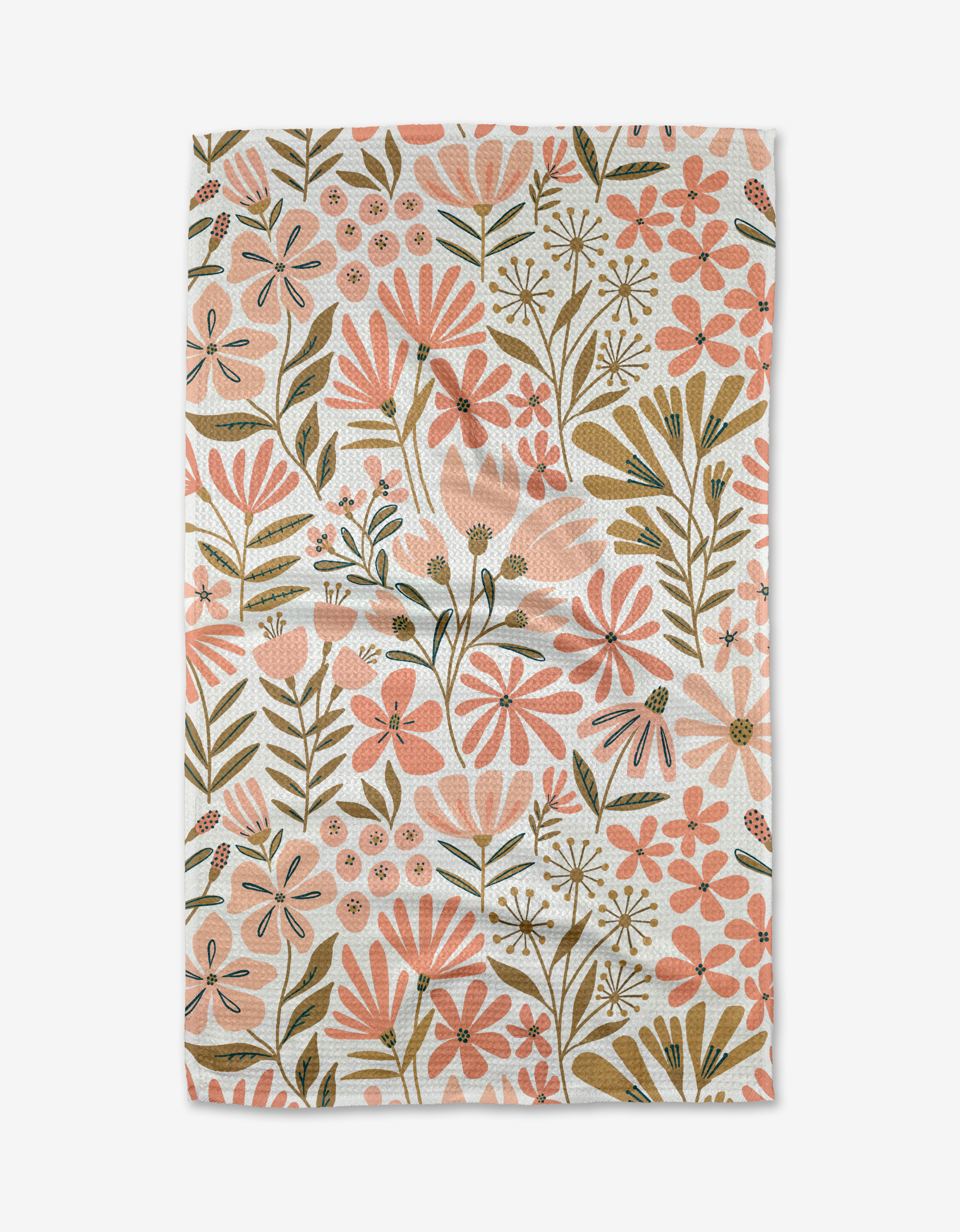 The Halia tea towel by Amy MacCready features a dense, whimsical floral pattern in pink, peach, and olive green on white. Made from ultra-absorbent Geoweave™ fabric for vibrant charm across the entire surface.