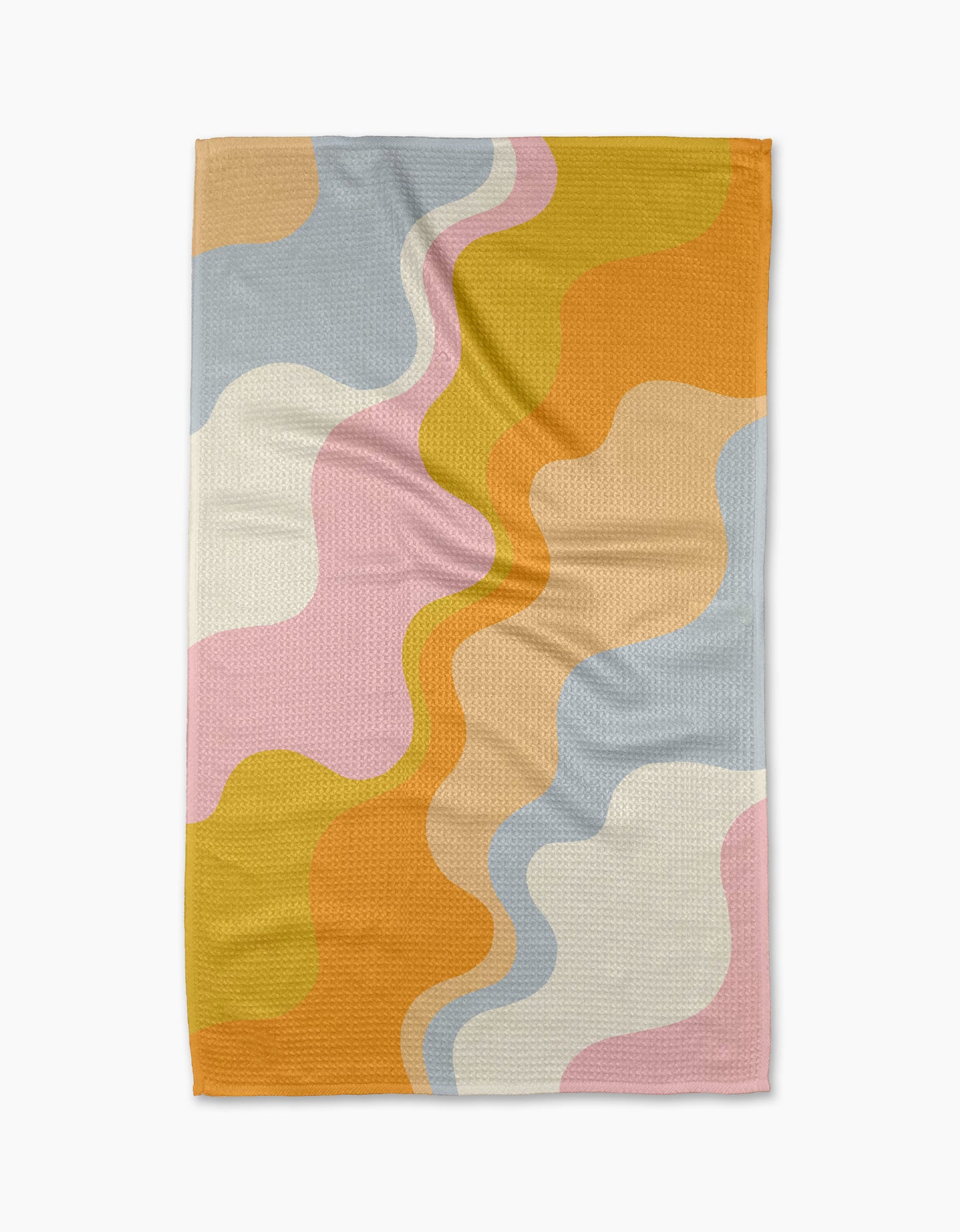 The Gerdadzy Happy Waves tea towel features an abstract wavy pattern in pastel on white. Made from quick-drying recycled materials, its playful modern design showcases overlapping curves for a cheerful kitchen accent.