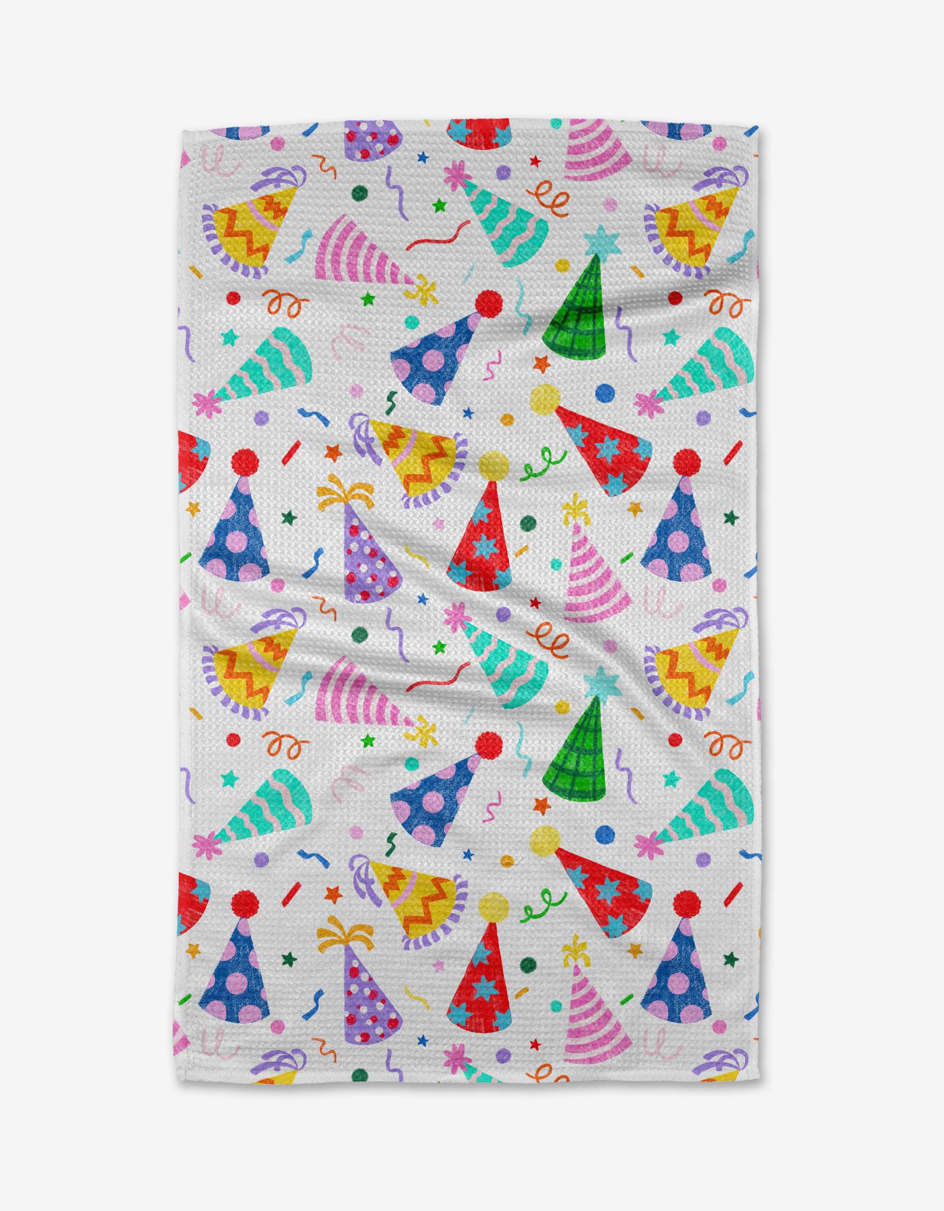 The Hats Off tea towel by Vaishali Design Studio features a vibrant party-themed pattern and is crafted from quick-drying recycled materials for an eco-friendly touch.