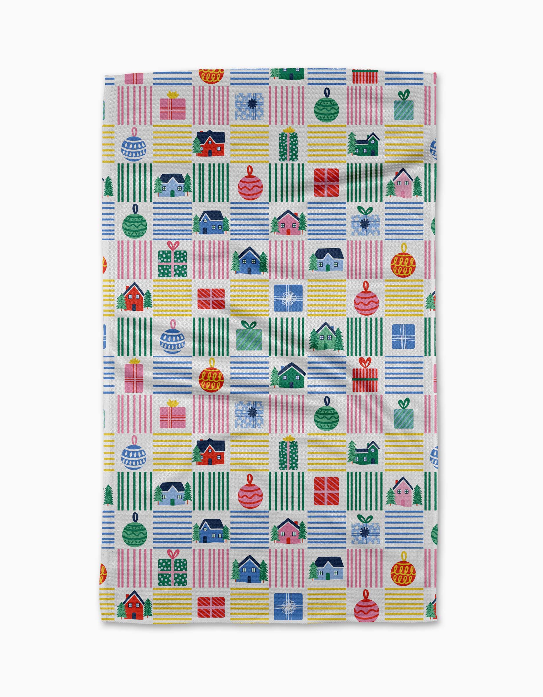 The Holiday Checkered tea towel by Ceyda Alasar showcases a vibrant checkered pattern with houses, plants, and flowers in red, yellow, blue, and green—crafted from ultra-absorbent recycled materials.