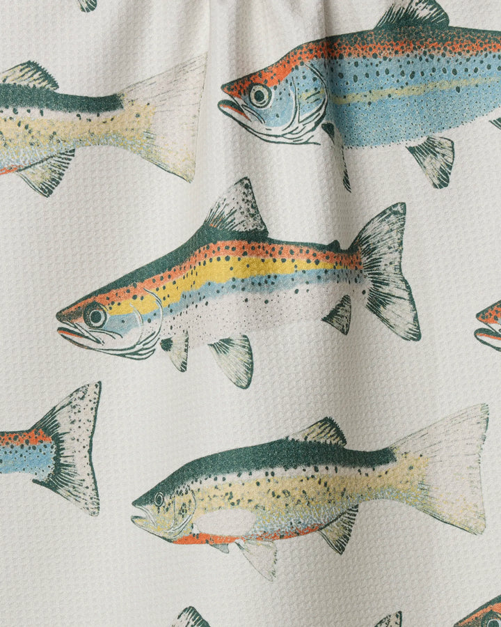 The Geometry "Hooked on Fishing" kitchen towel features a vibrant trout pattern in green, orange, and yellow on a textured white background, blending eco-friendly absorbency with colorful charm for any space.