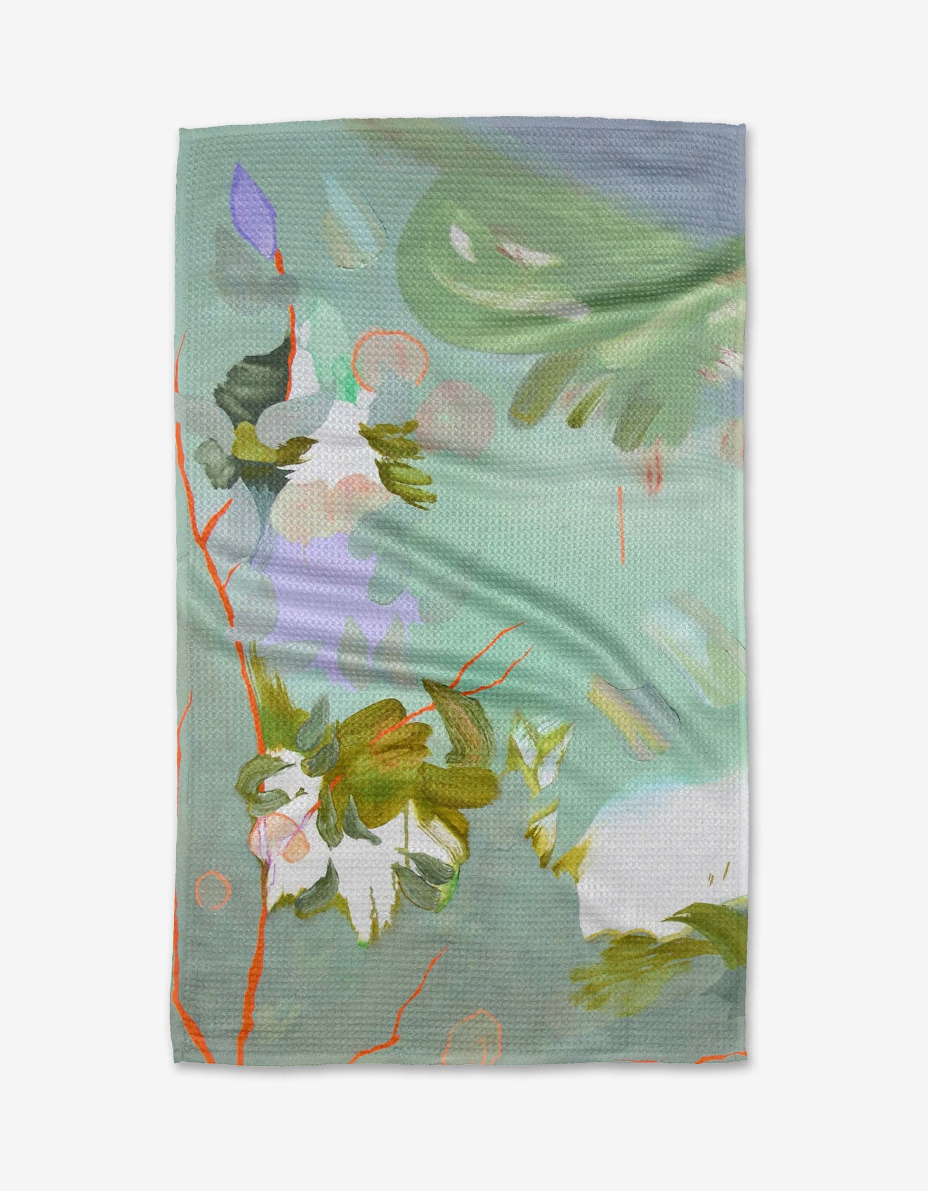 A textured Geoweave fabric by Kristina Baker, If I Were An Orchard, features an abstract floral design in green, white, and orange with leaves and branches—a perfect eco-friendly choice for tea towels.