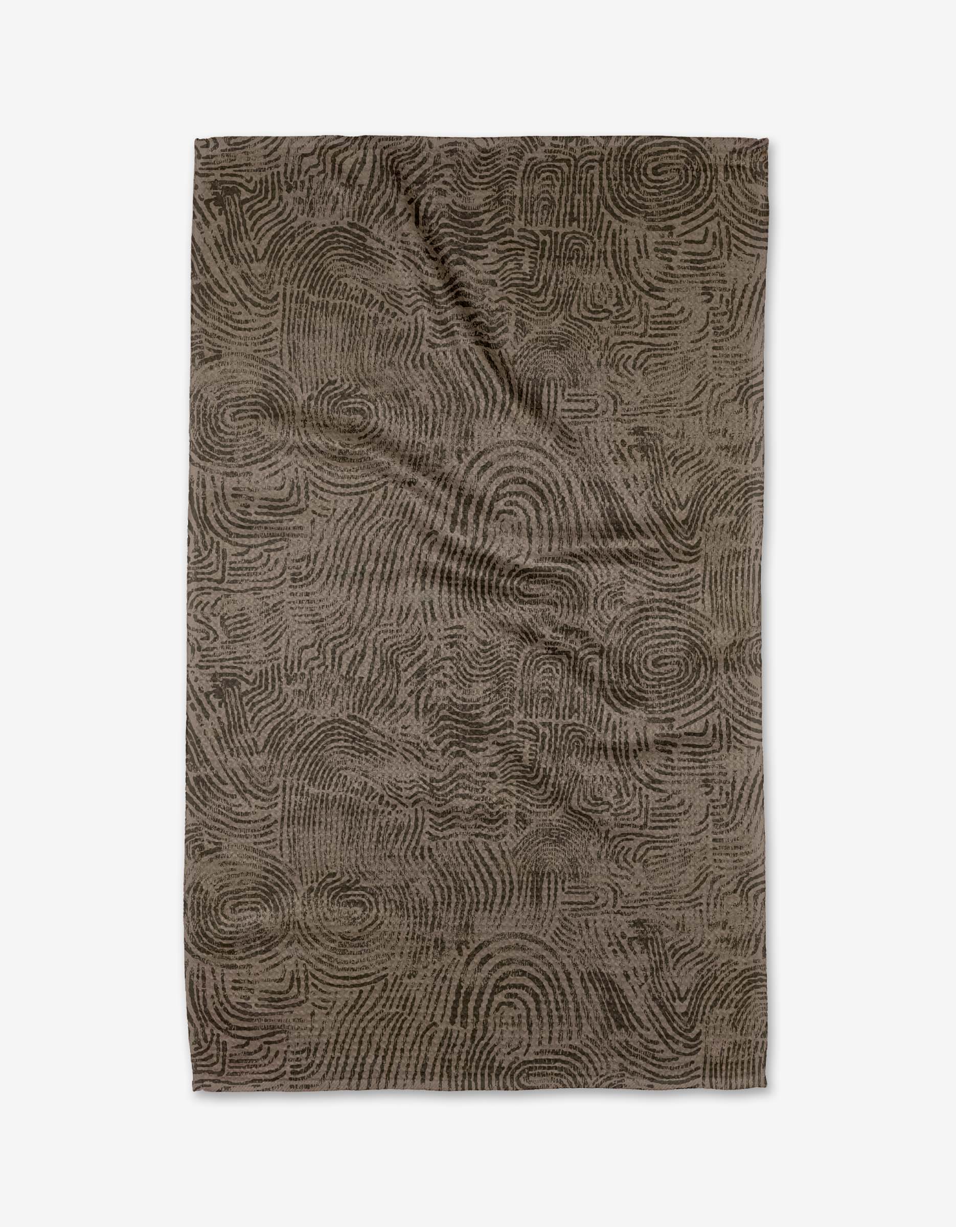 Imprint by Studio Jeannot is a rectangular brown tea towel featuring an abstract, swirling pattern like fingerprints or topographic lines. Made from recycled materials, it’s stylish, eco-friendly, and shown flat on a white background.