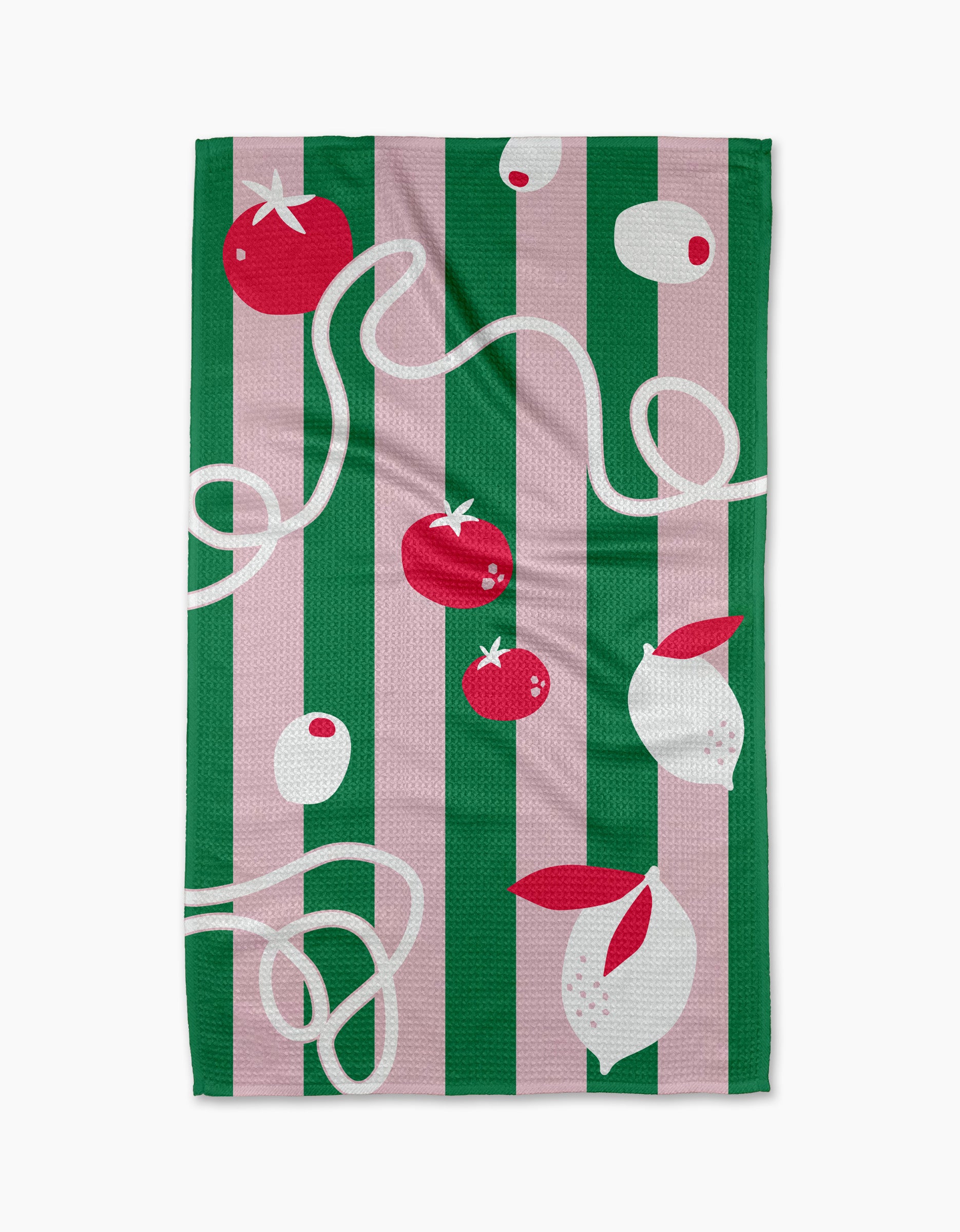 The Italian Mood dish towel by Marina Solodka features vertical green and pink stripes, plus illustrations of tomatoes, garlic, olives, and pasta in red, white, and cream for a vibrant kitchen accent.