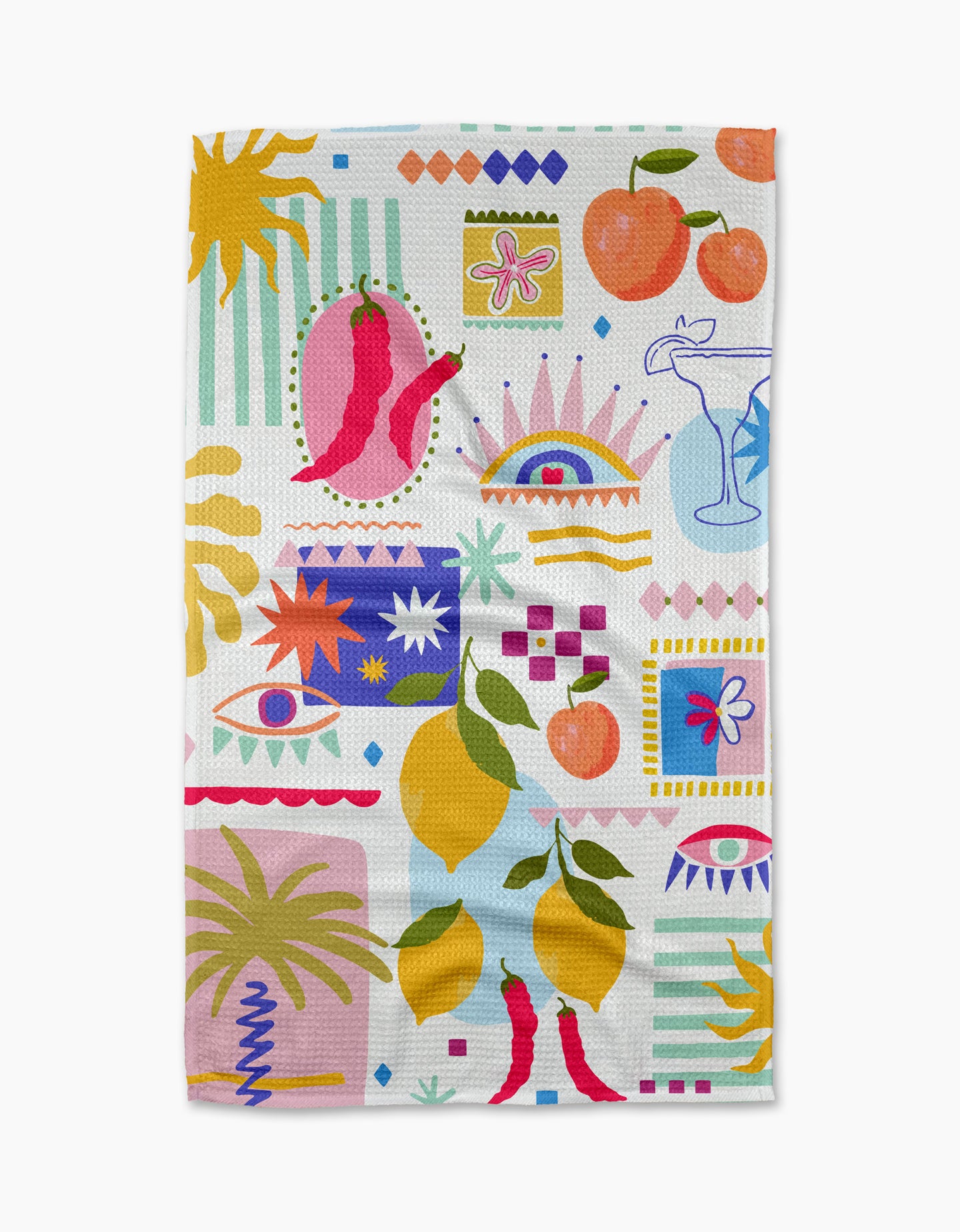 The Italian Picnic recycled kitchen towel by Marina Solodka features playful illustrations of lemons, oranges, chili peppers, cocktail glasses, palms, geometric shapes, suns, eyes, and abstracts on a white background.