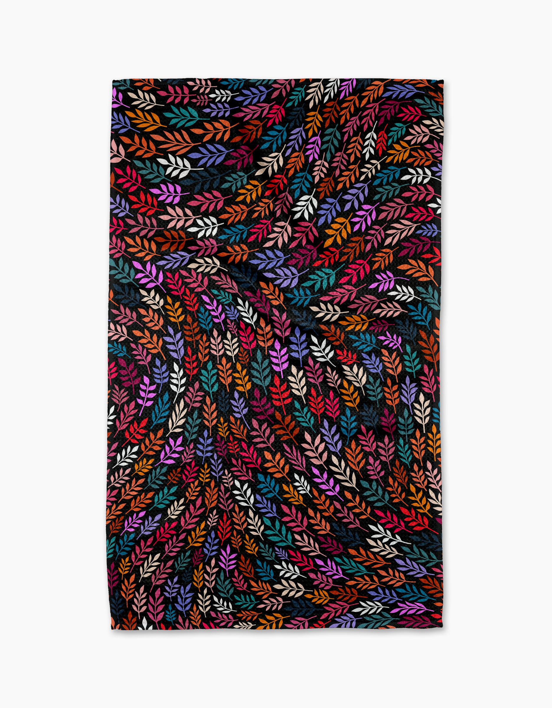 The Rachel Parker Jewel Leaf Swirl tea towel features a multicolored swirling leaf pattern on black, crafted from recycled materials. Vibrant shades of orange, purple, pink, red, blue, and green add dynamic style to your kitchen.