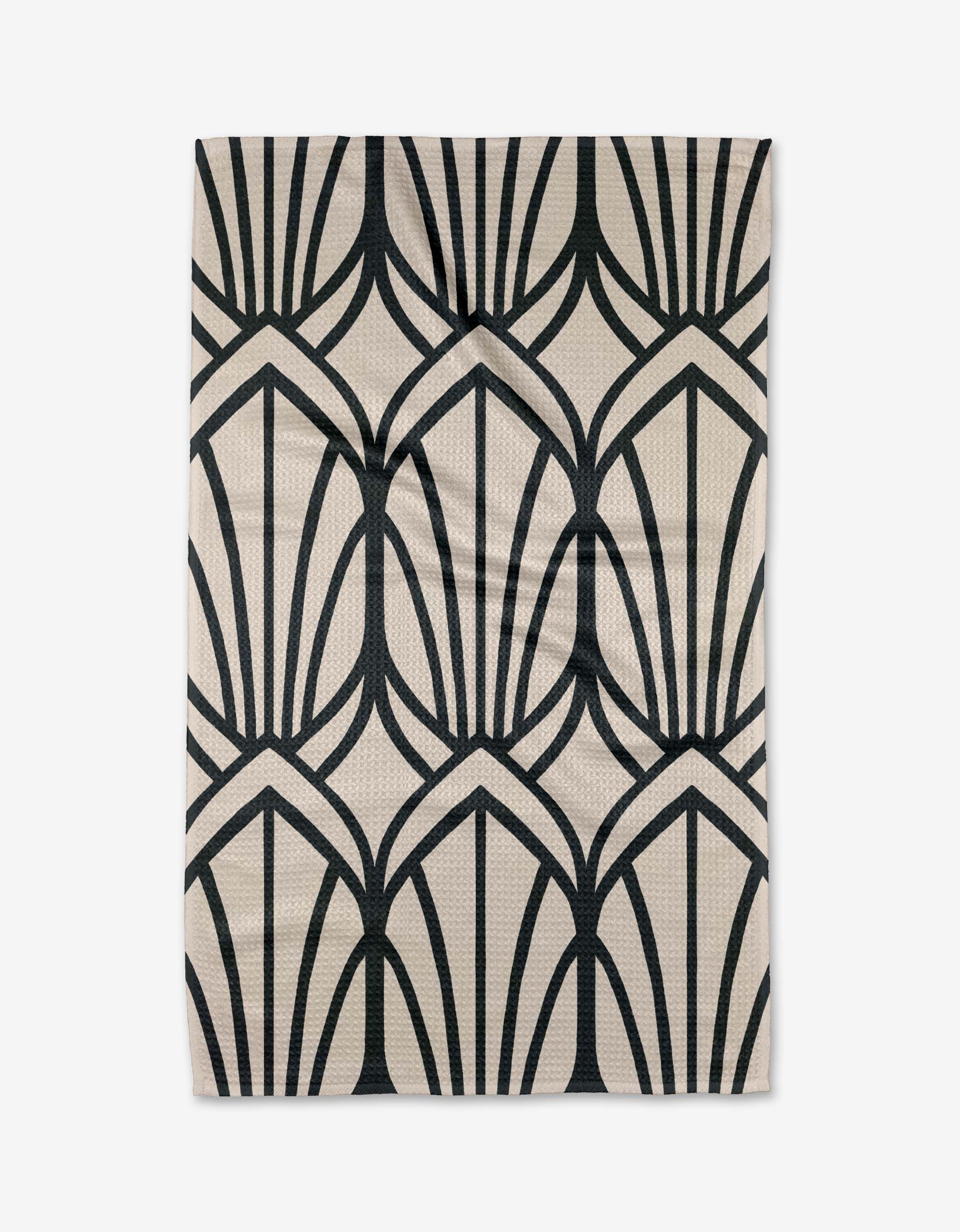 The Jocelyn rug by Amy MacCready is a rectangular beige piece with bold black art deco fans and arches, laid flat on a white background and crafted from recycled materials for eco-friendly style.