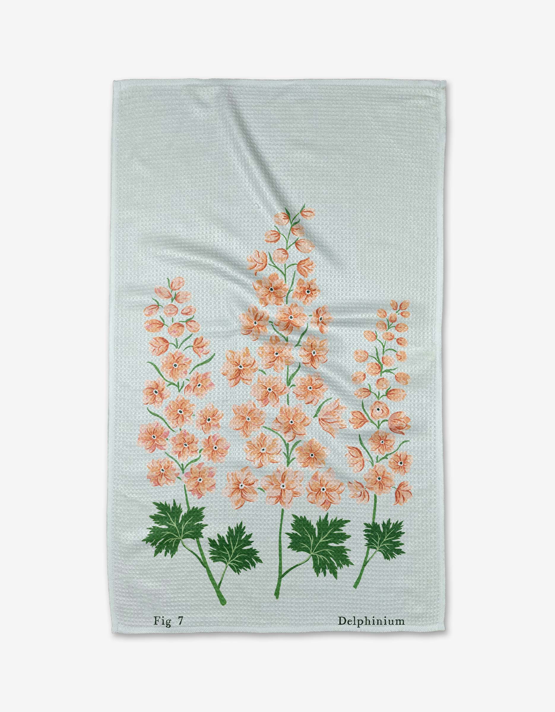 The Linda Fox July Delphinium tea towel is made from recycled materials and features peach delphinium flowers with green stems. “Fig 7” appears on the left bottom corner and “Delphinium” on the right.