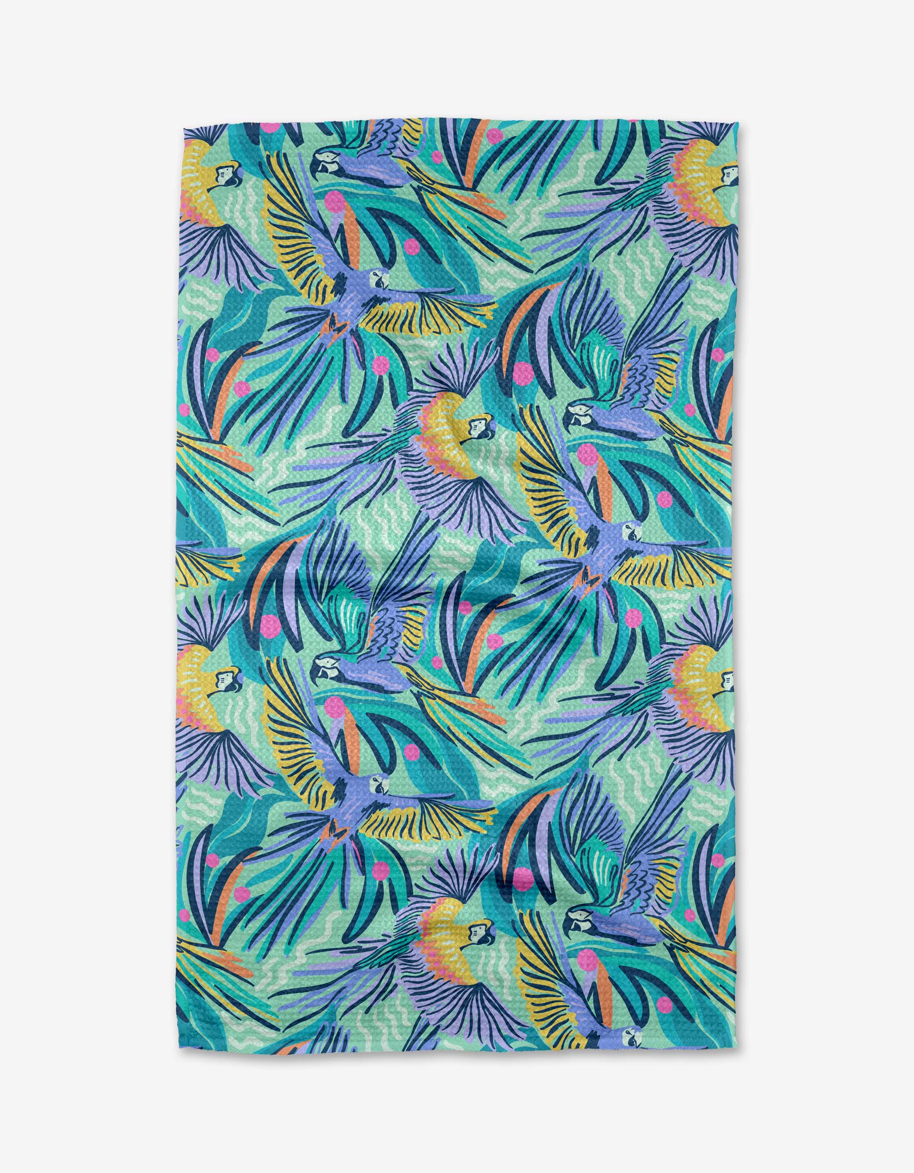 The Jungle Birds tea towel by Masha Volnova features a vibrant tropical design with colorful birds, bold leaves, and abstract flowers in blue, green, yellow, purple, and pink on a light teal background.
