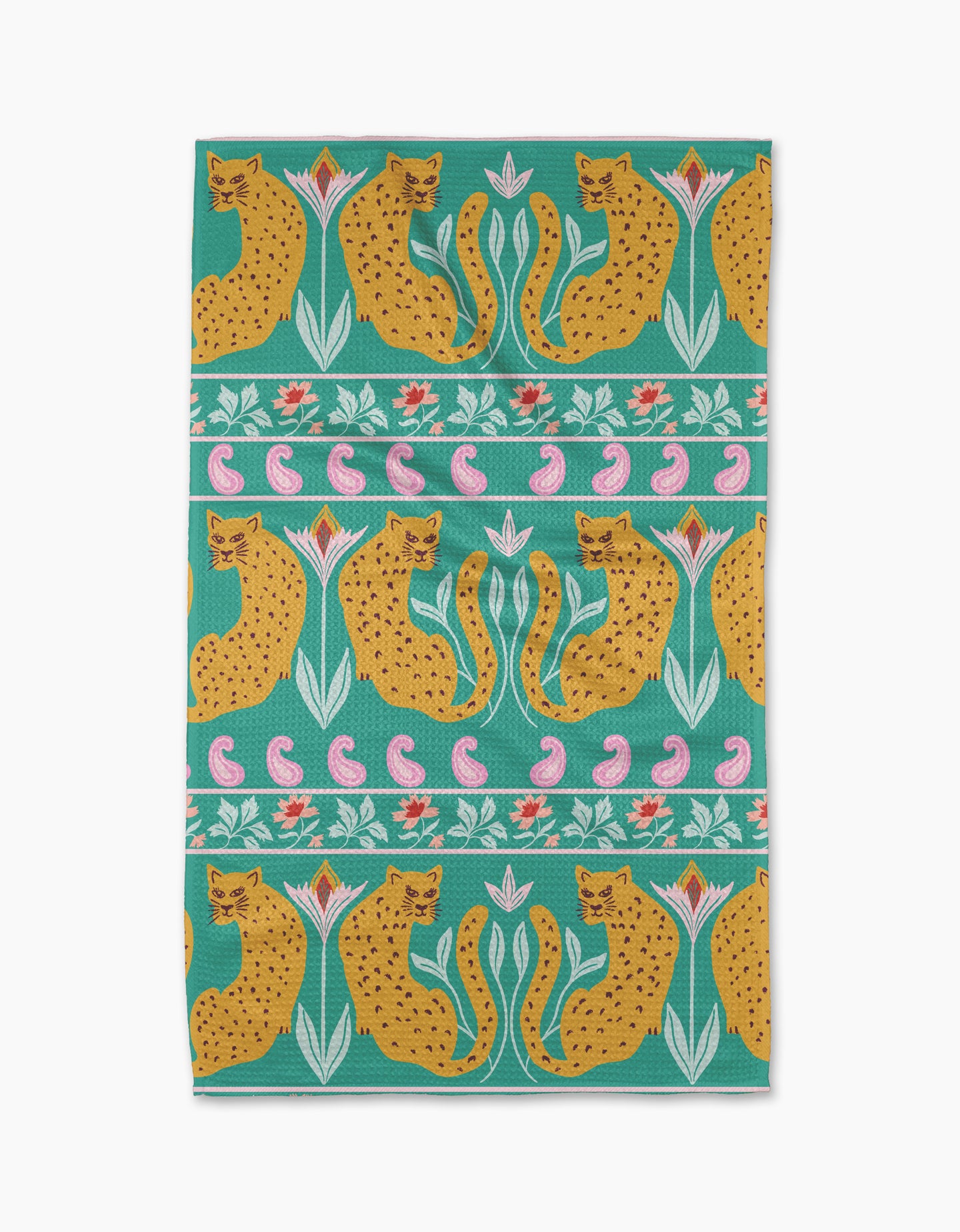 The Jungle Blooms tea towel by Jasmine Blooms Designs features yellow cheetahs, pink flowers, and green leaves in a repeating pattern on a teal background with horizontal stripes.