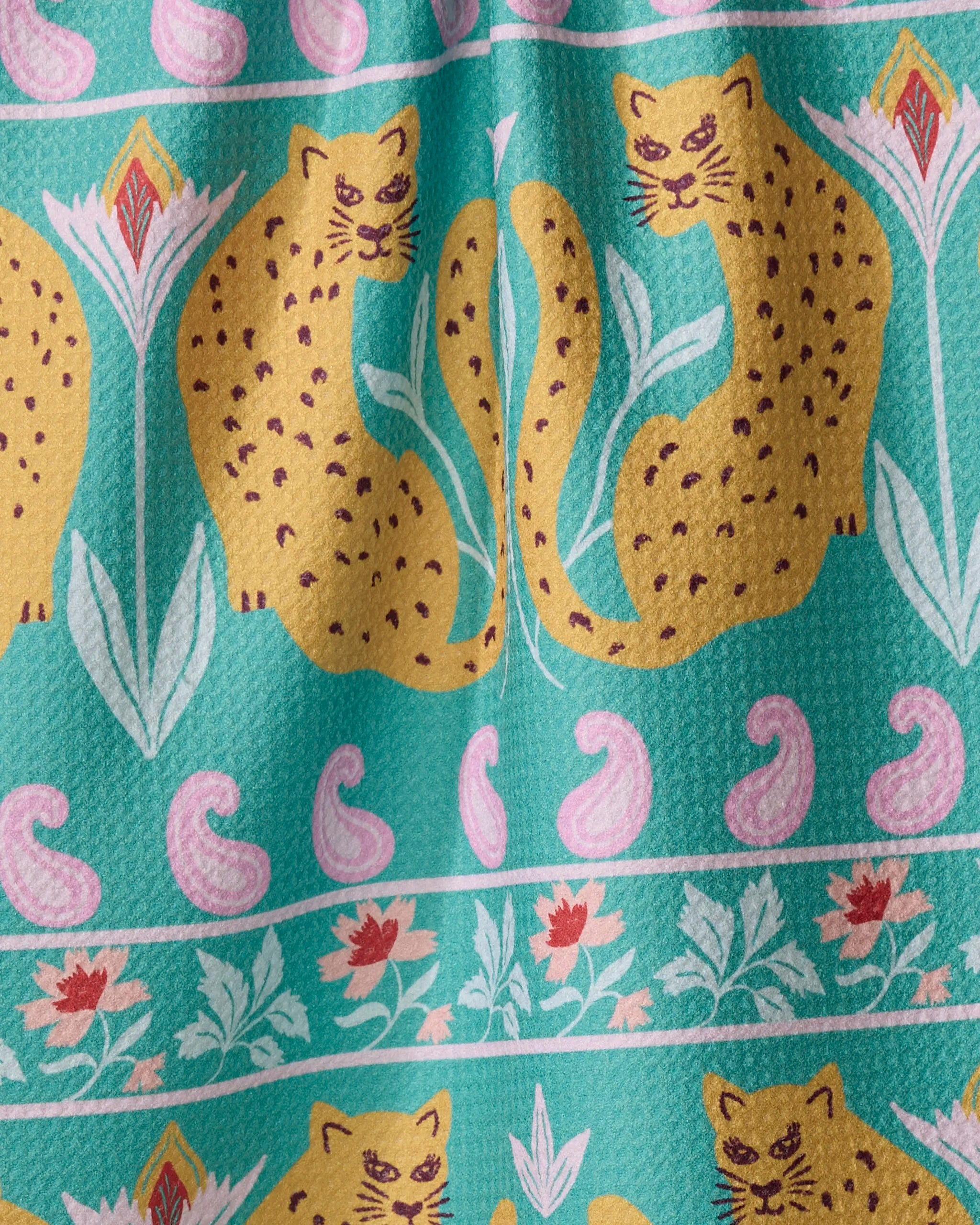 Jungle Blooms by Jasmine Blooms Designs features two spotted yellow leopards on a teal background with pink paisley and flowers—an ultra-absorbent, eco-friendly kitchen tea towel made from recycled materials.