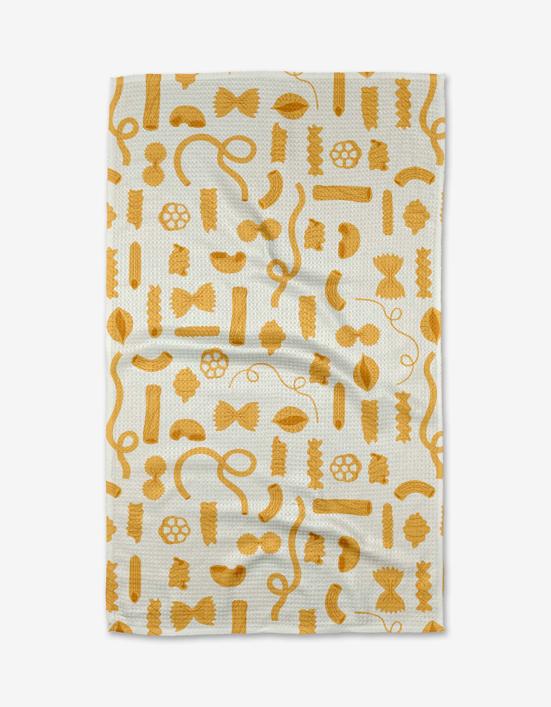 The Just Add Sauce tea towel by Vaishali Design Studio is a white, ultra-absorbent towel with a repeating pattern of yellow pasta shapes—spaghetti, fusilli, farfalle, penne, and more—arranged in rows across the surface.