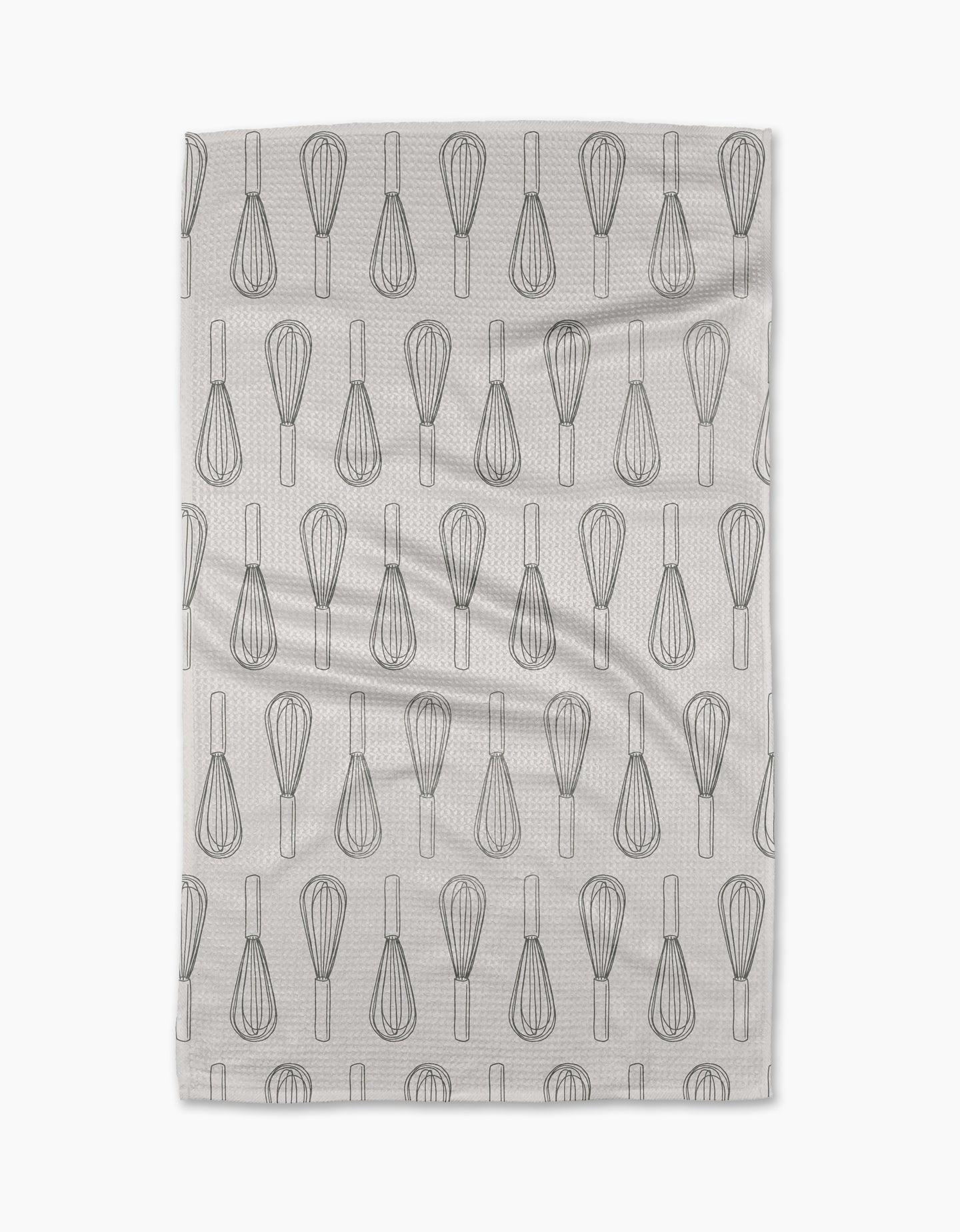 The Rosa Kichline Kitchen Whisks tea towel features a repeating pattern of black whisk line drawings on white, arranged in neat rows. Made from recycled materials, it has a subtle texture and is displayed on a plain white background.