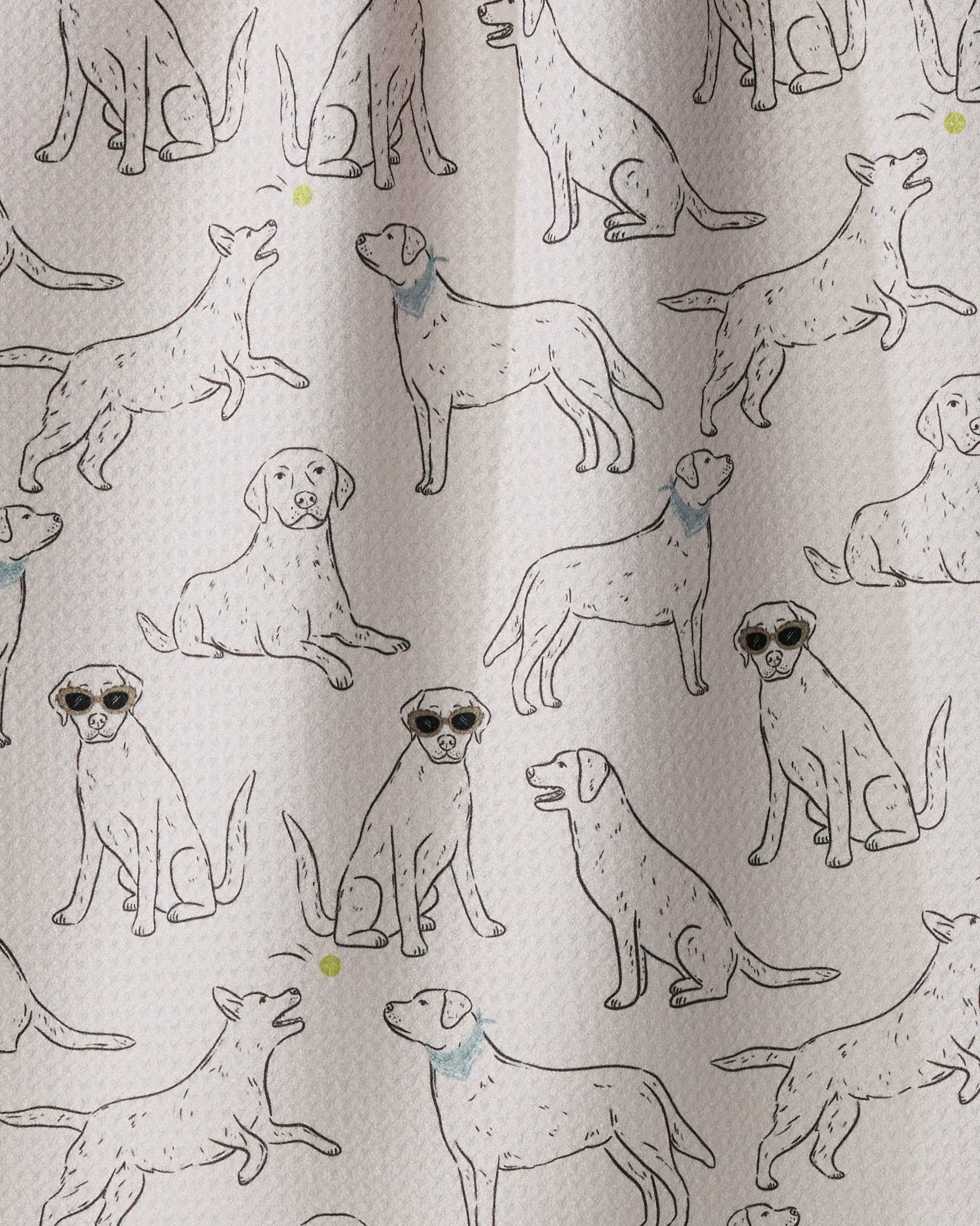 Sure! Here’s a rewritten version using your product data: The Geometry Lab Pack kitchen towel features a pattern of sketched dogs in various poses on a light-colored background, with two dogs sporting sunglasses and several adorned with small blue neck markings. Crafted from recycled materials, this charming towel is as eco-friendly as it is delightful.