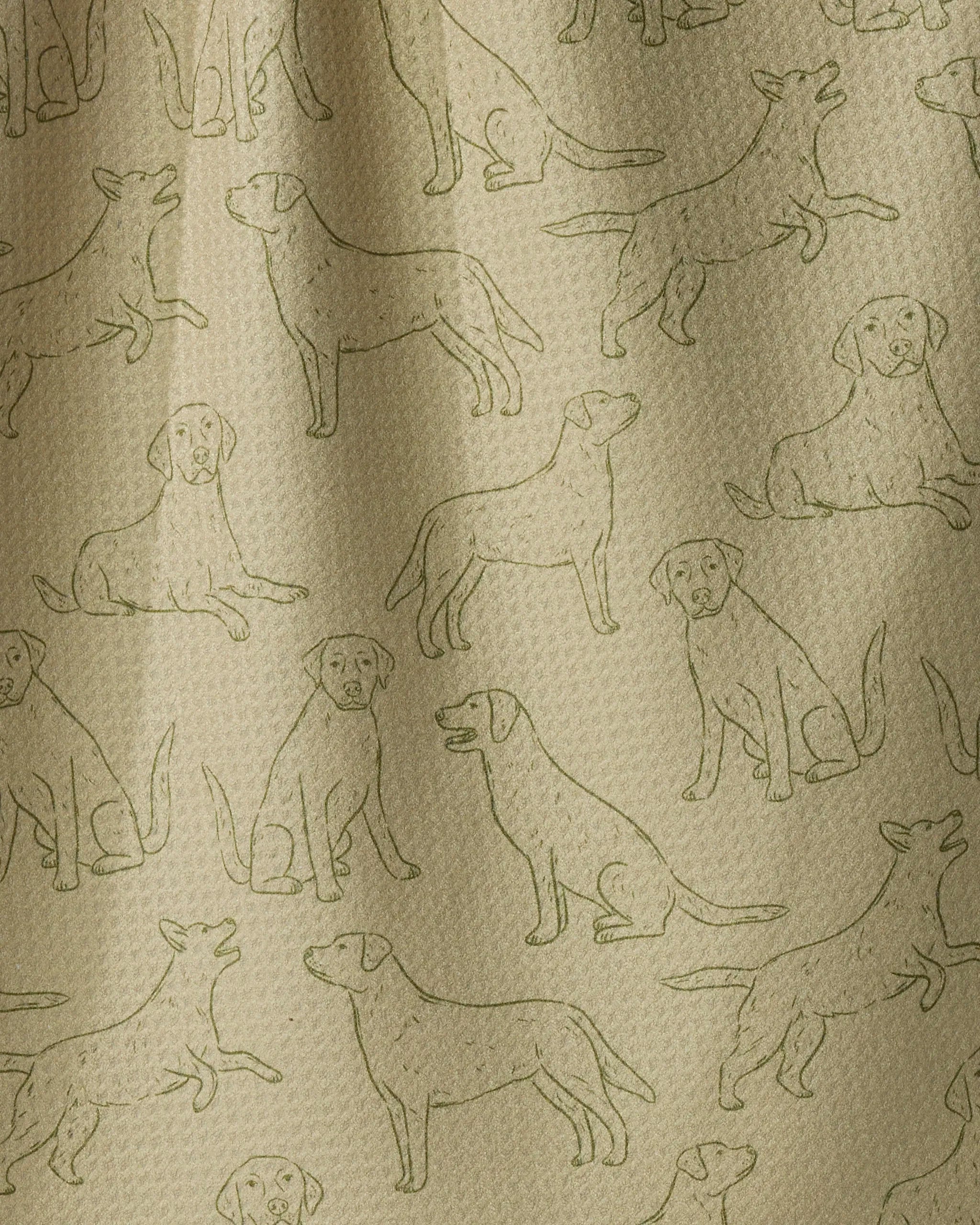 The Lab Pups tea towel by Geometry showcases a subtle, monochromatic tan fabric adorned with a repeating pattern of simple, outlined dogs in various poses—sitting, standing, and lying down. Ultra-absorbent and stylish, it offers both function and charm for your kitchen.
