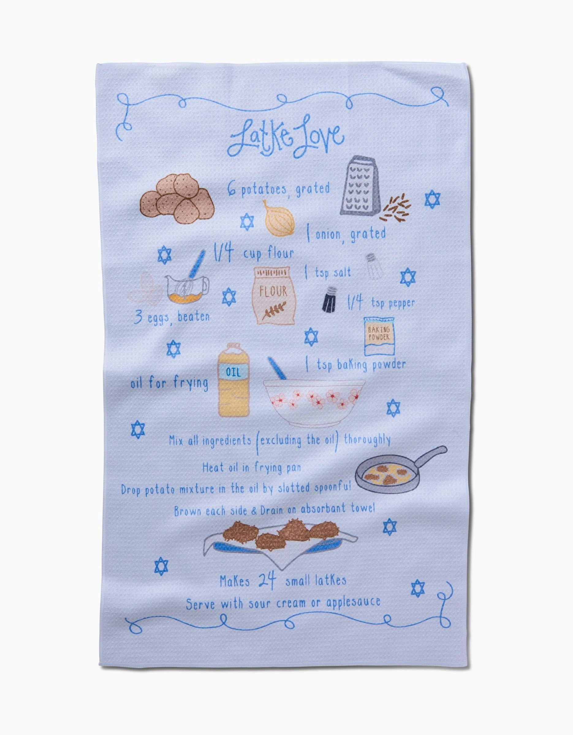 Mindfulnice’s “Latke Love” features a recipe illustration for latkes on a blue recycled kitchen towel, with hand-drawn potatoes, onion, eggs, flour, salt, oil, and instructions surrounded by blue stars and decorative borders.