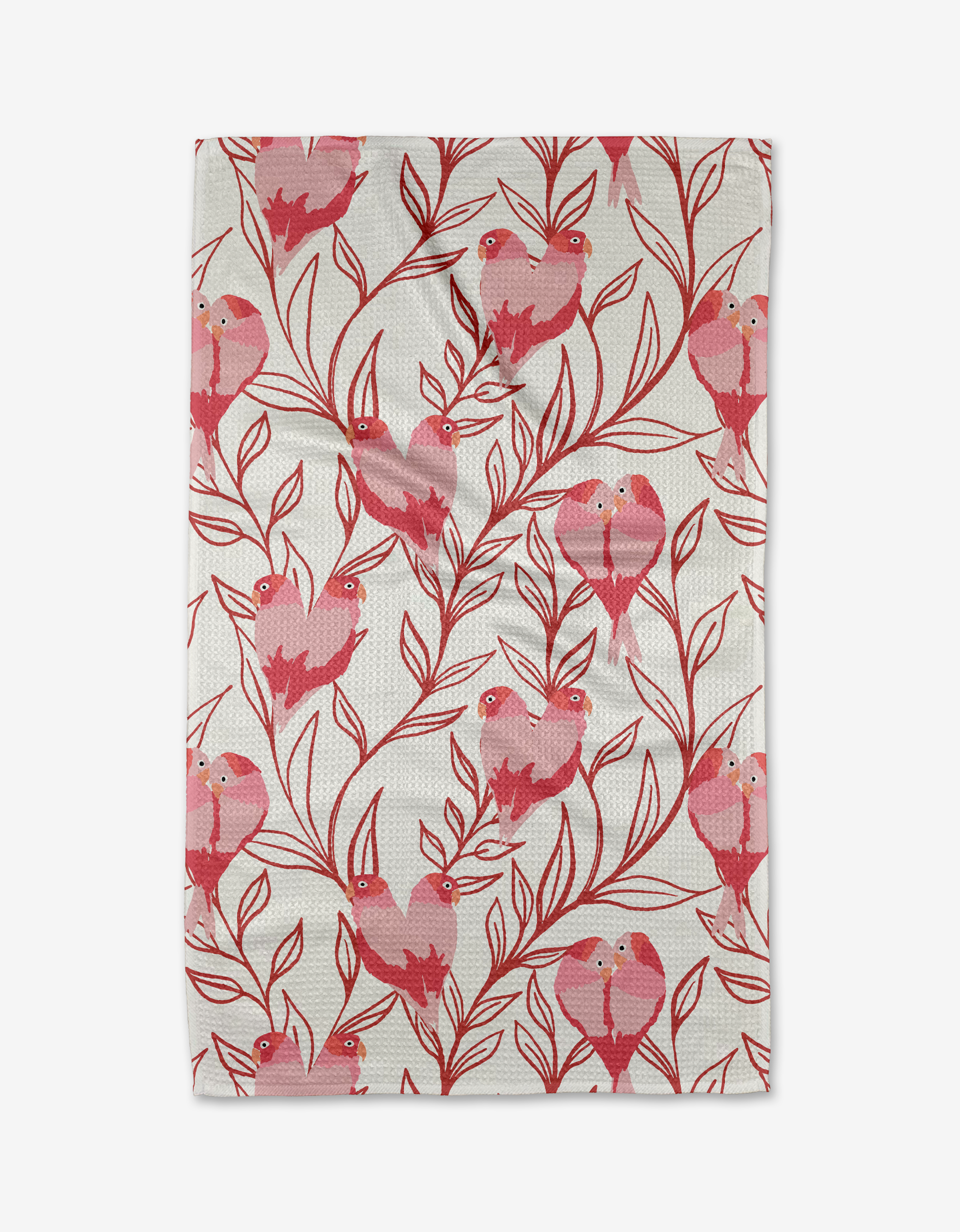 Add playful charm and eco-friendly style to your kitchen with the Love Birds tea towel by Hufton Studio, featuring a hand-drawn red and pink bird pattern on leafy branches. Made from recycled materials and set against a white background.