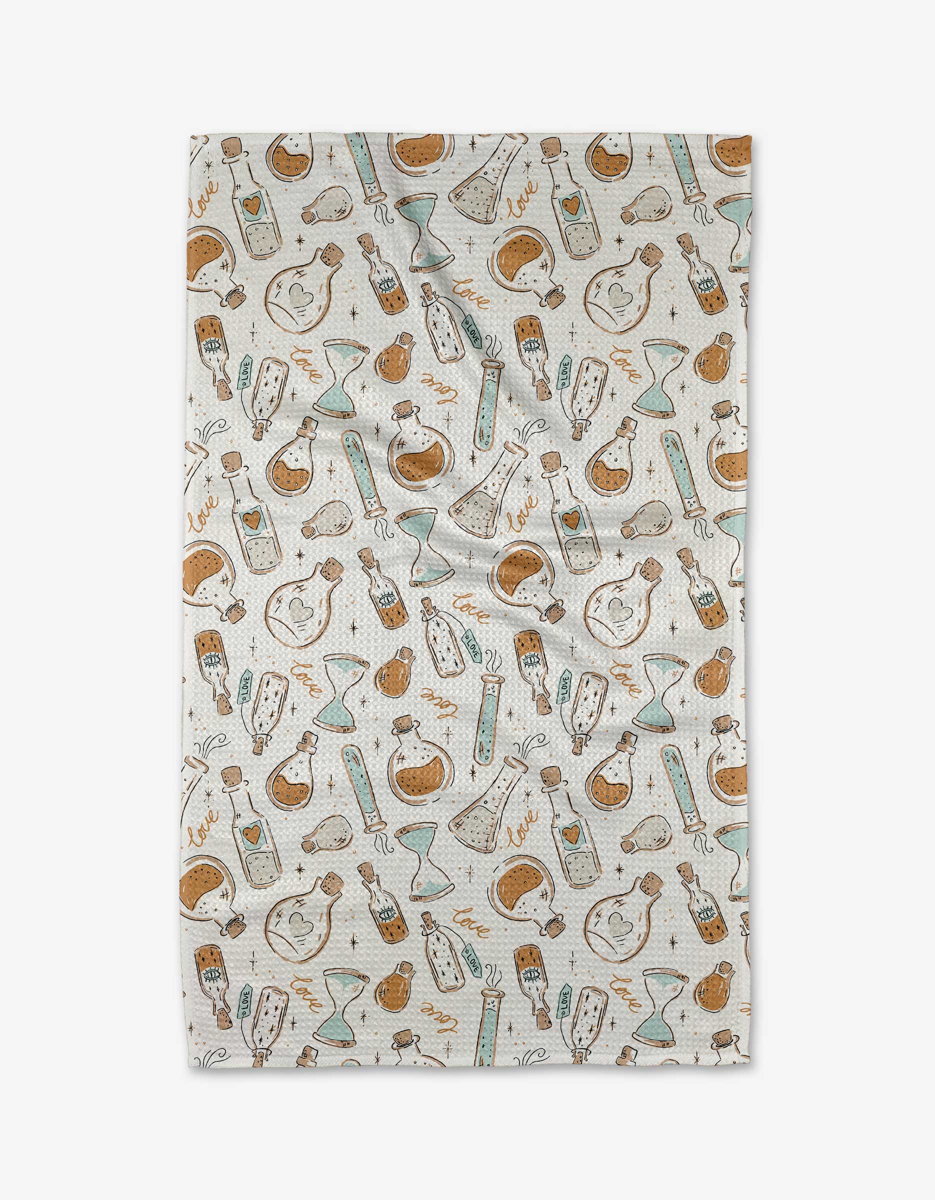The Love Potions tea towel by Hufton Studio features absorbent white fabric with playful science-themed doodles in brown, teal, and tan—beakers, flasks, test tubes, hourglasses, and molecules—adding fun and function to any kitchen.