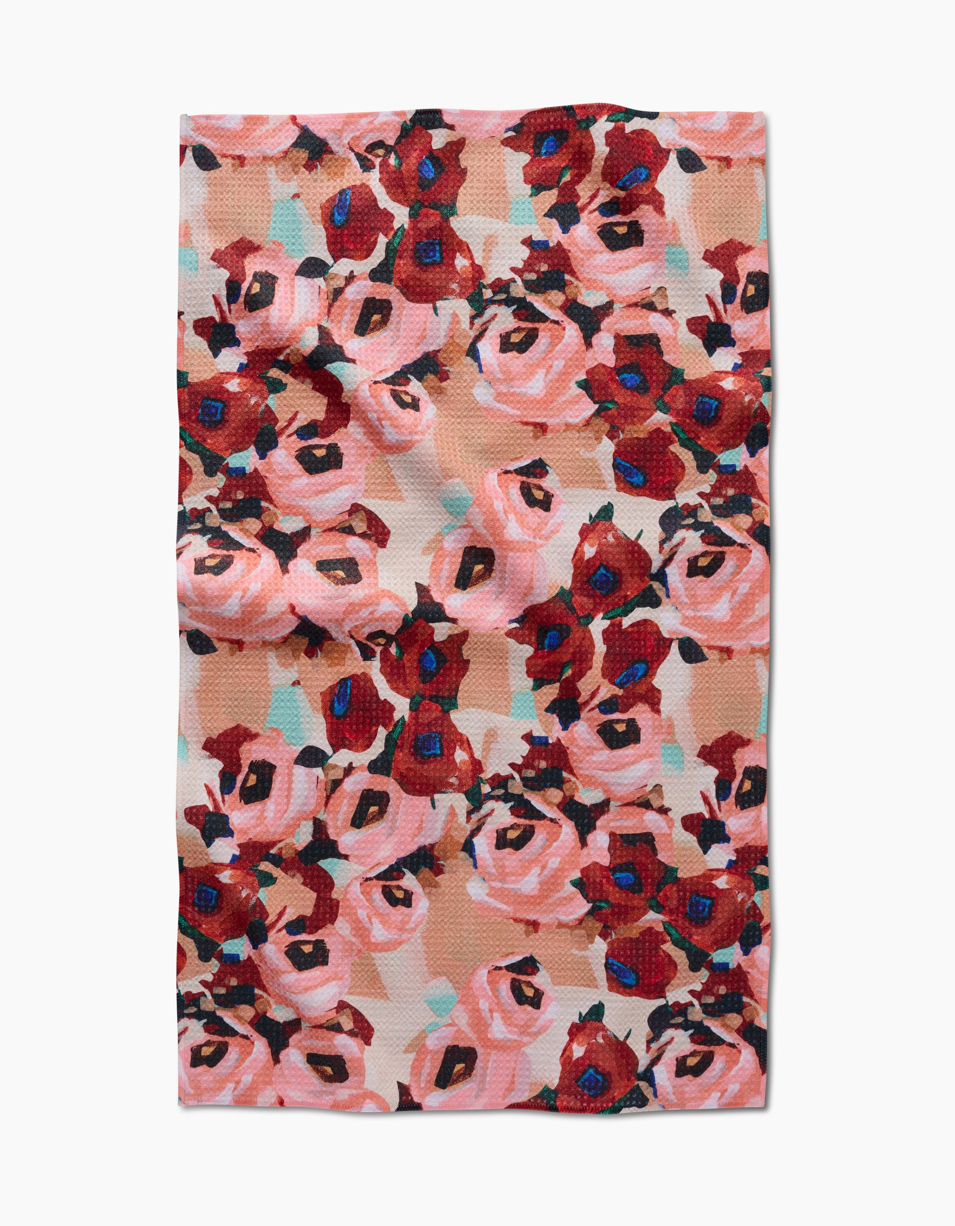 The Lucia Tea Towel by Ania Zwara Art features a vibrant abstract floral design in red, pink, and blue on a light background, crafted with Geoweave™ fabric for excellent absorbency and durability.