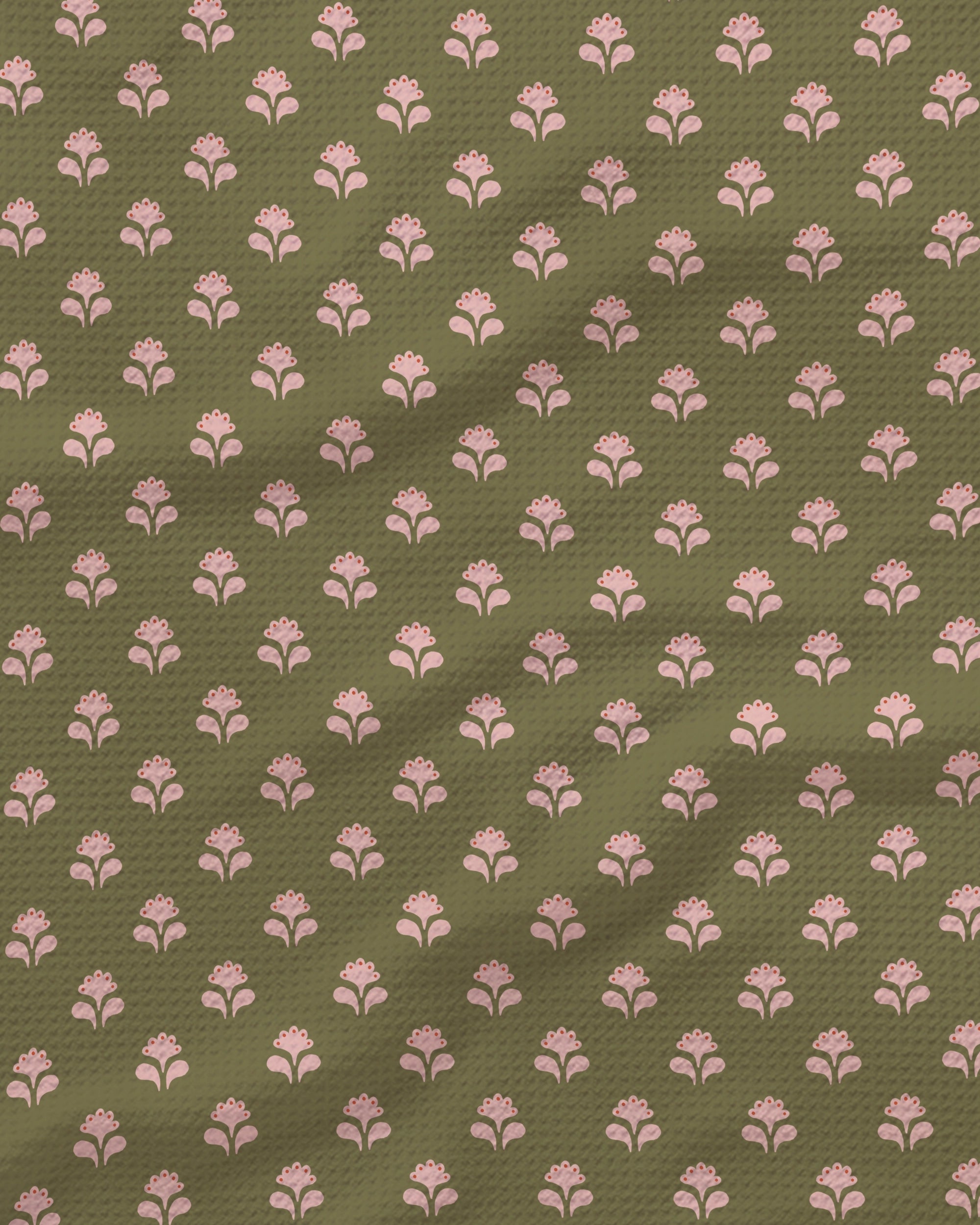 Introducing the Lucky Flowers tea towel by Geometry: featuring an olive green fabric adorned with a repeating pattern of petite, stylized pink flowers and dark green leaves arranged in neat, evenly spaced rows. Ultra-absorbent and sustainably made from recycled materials, this tea towel adds both style and eco-friendly function to your kitchen.