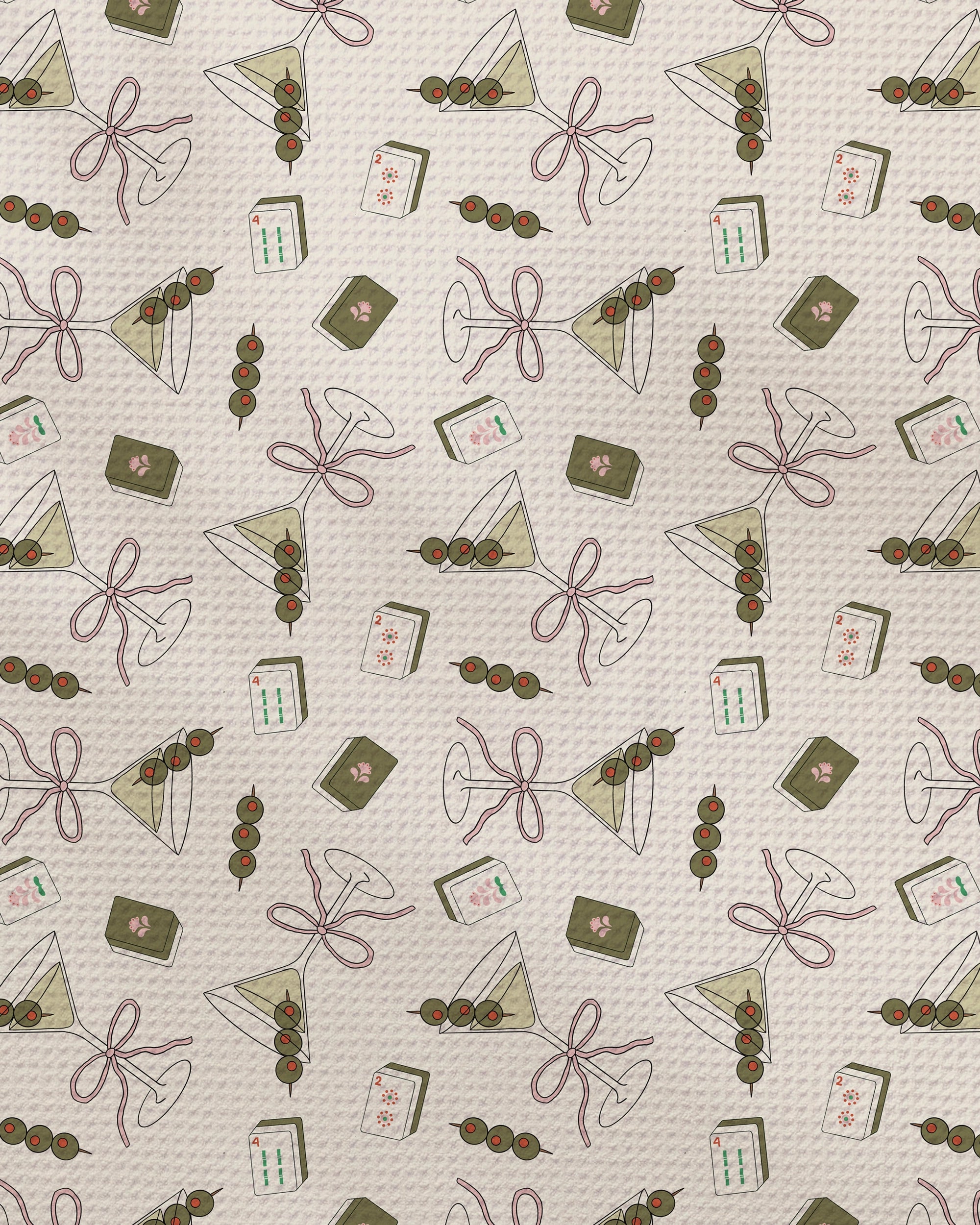 Martini Tiles by Geometry showcases a playful pattern of repeating martini glasses with olives, envelopes, olive picks, cocktail napkins, and tied ribbons on a textured beige background—an ideal design for an ultra-absorbent or eco-friendly kitchen towel that brings charm and practicality to your home.