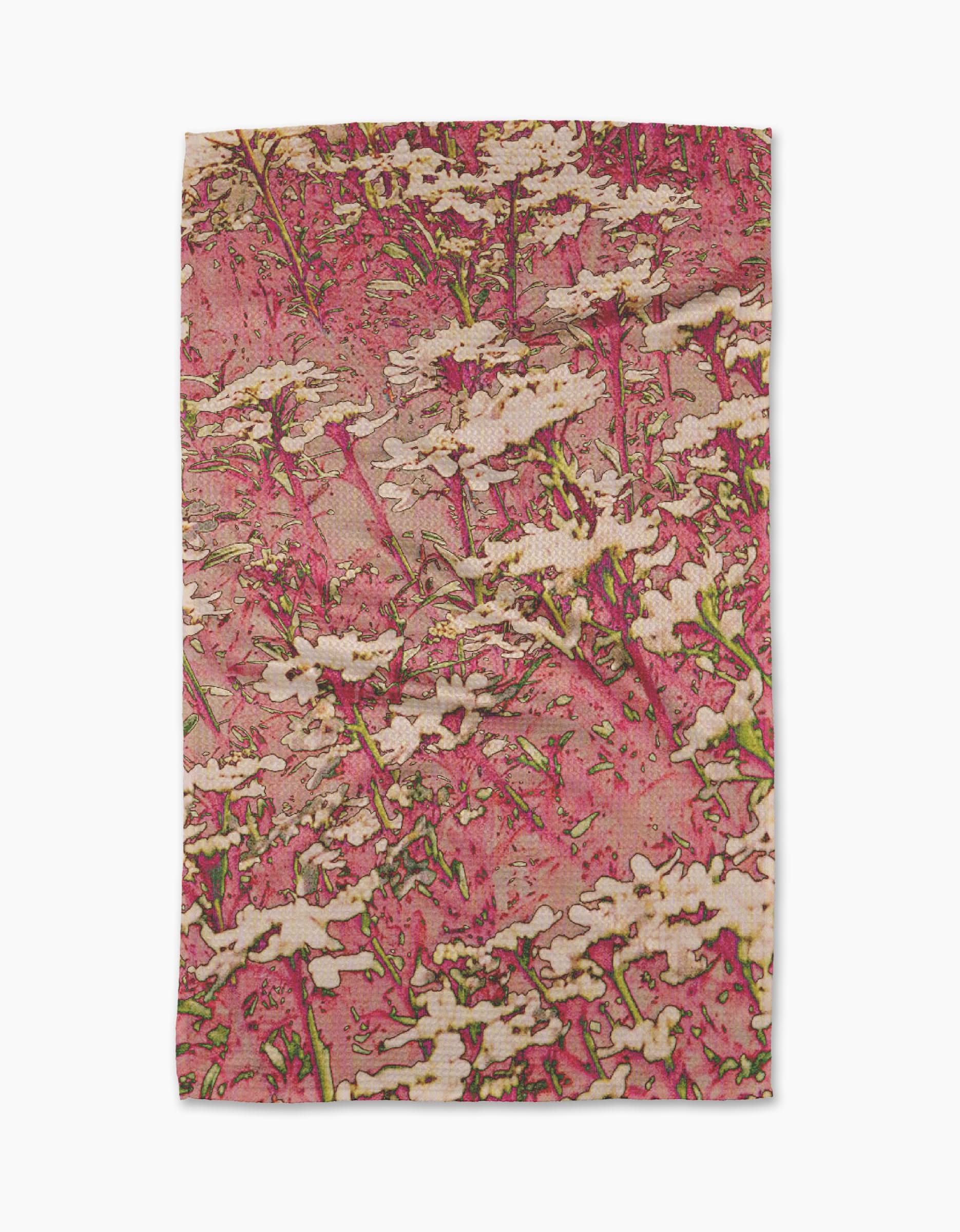 The Maximist Floral tea towel by Geometry features an abstract floral design with white flowers and green stems on a textured pink background, and is crafted from recycled materials.