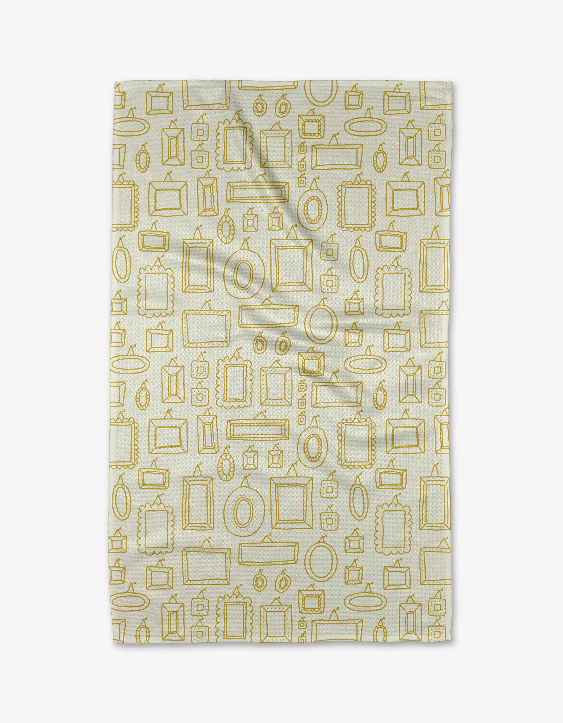 The Mirror Mirror blanket by Amy MacCready features a white background with a repeating pattern of gold picture frames in various shapes and sizes, shown laid flat with slight wrinkles.