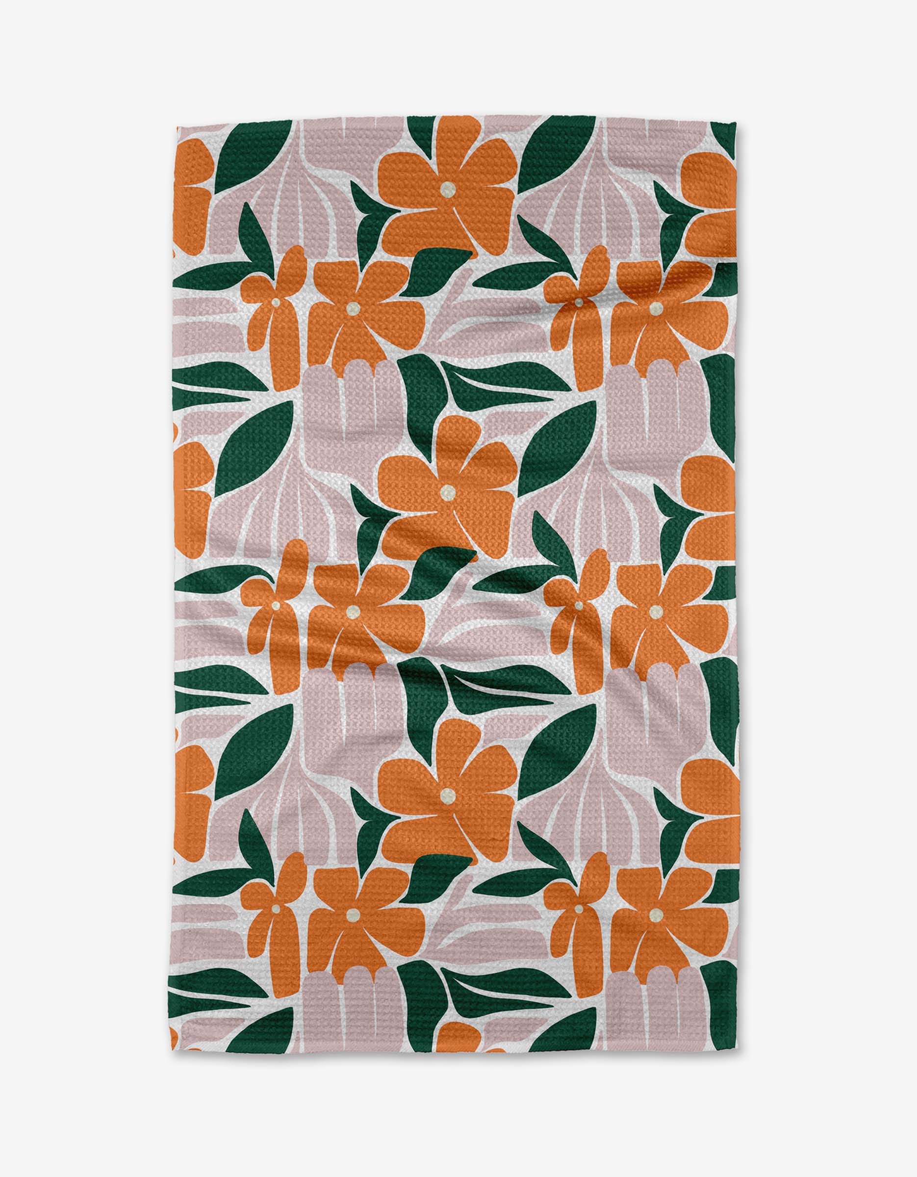 The Lisa Nelson Modern Floral tea towel features large orange flowers, dark green leaves, and light pink shapes on a pale background, crafted from durable Geoweave fabric.