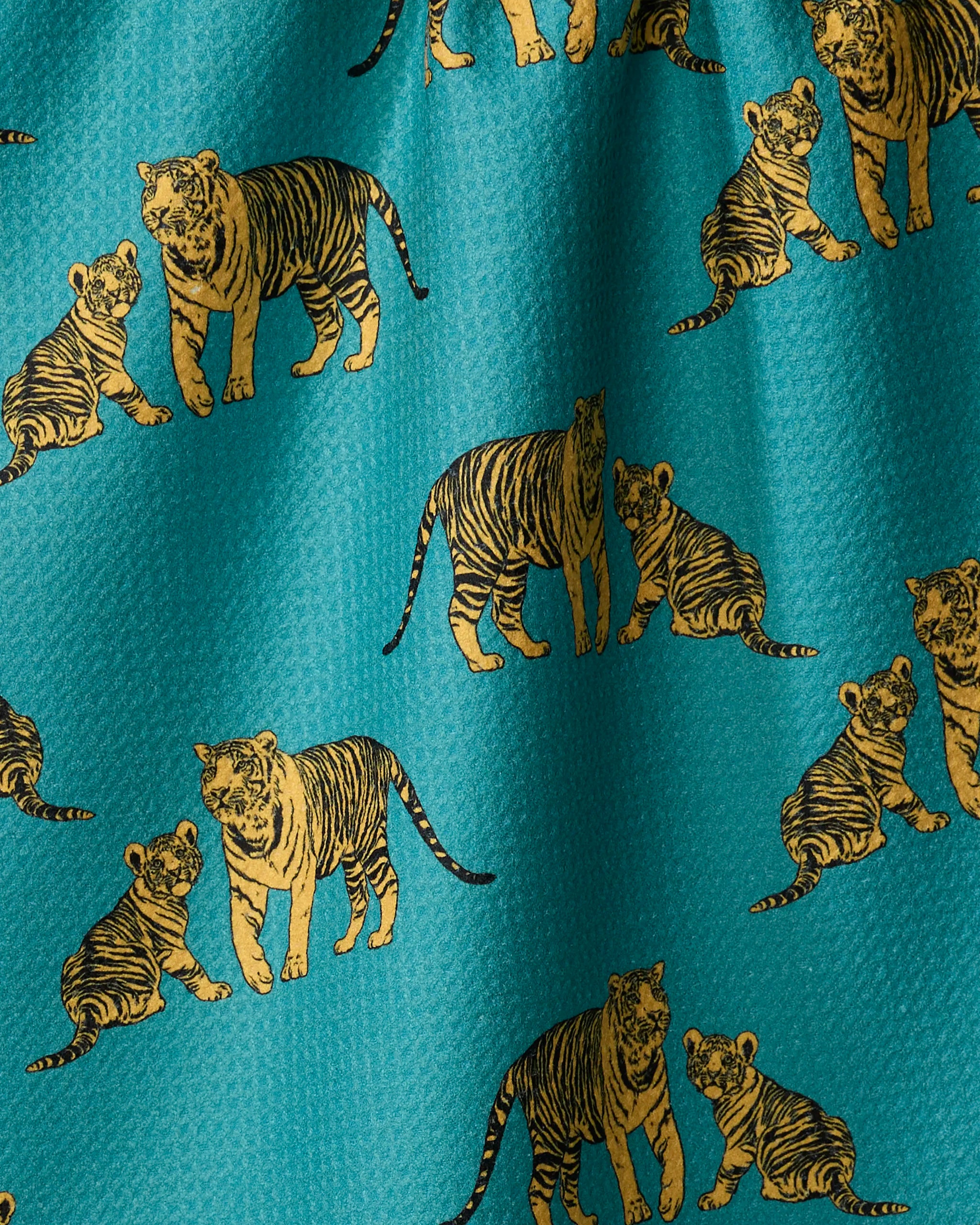 Mommy and Me" by Sarah Holden features a charming yellow-and-black tiger and cub pattern on a teal textured recycled tea towel—an eco-friendly, stylish addition to your kitchen.
