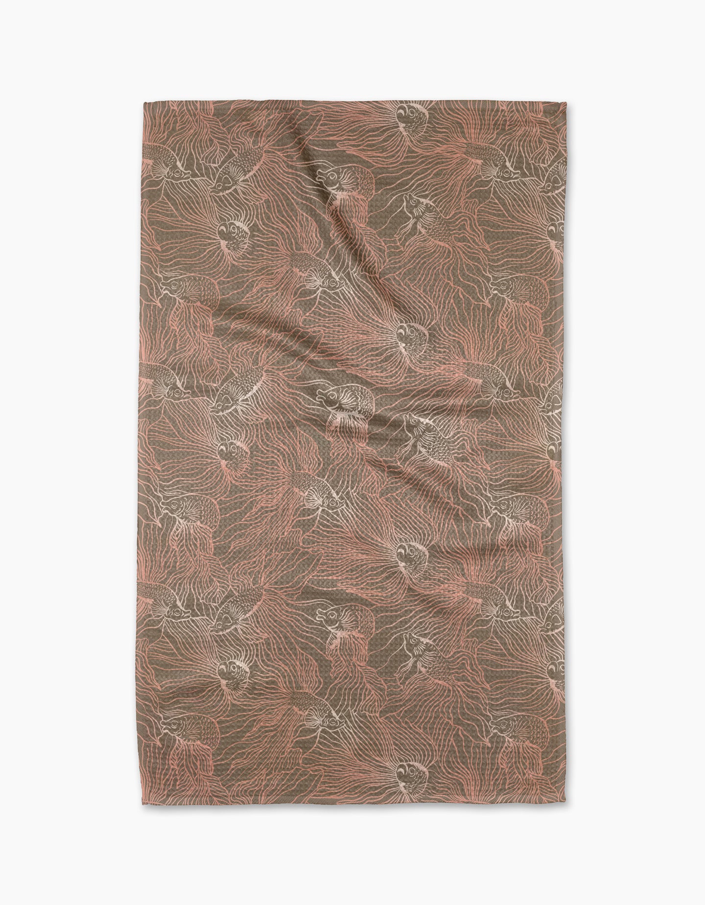 The Moonlight Beta tea towel by Elisabeth Wing is rectangular, made from recycled materials, and features abstract, flowing brown and pink lines and shapes. It’s shown laid flat with gentle wrinkles on a white background.