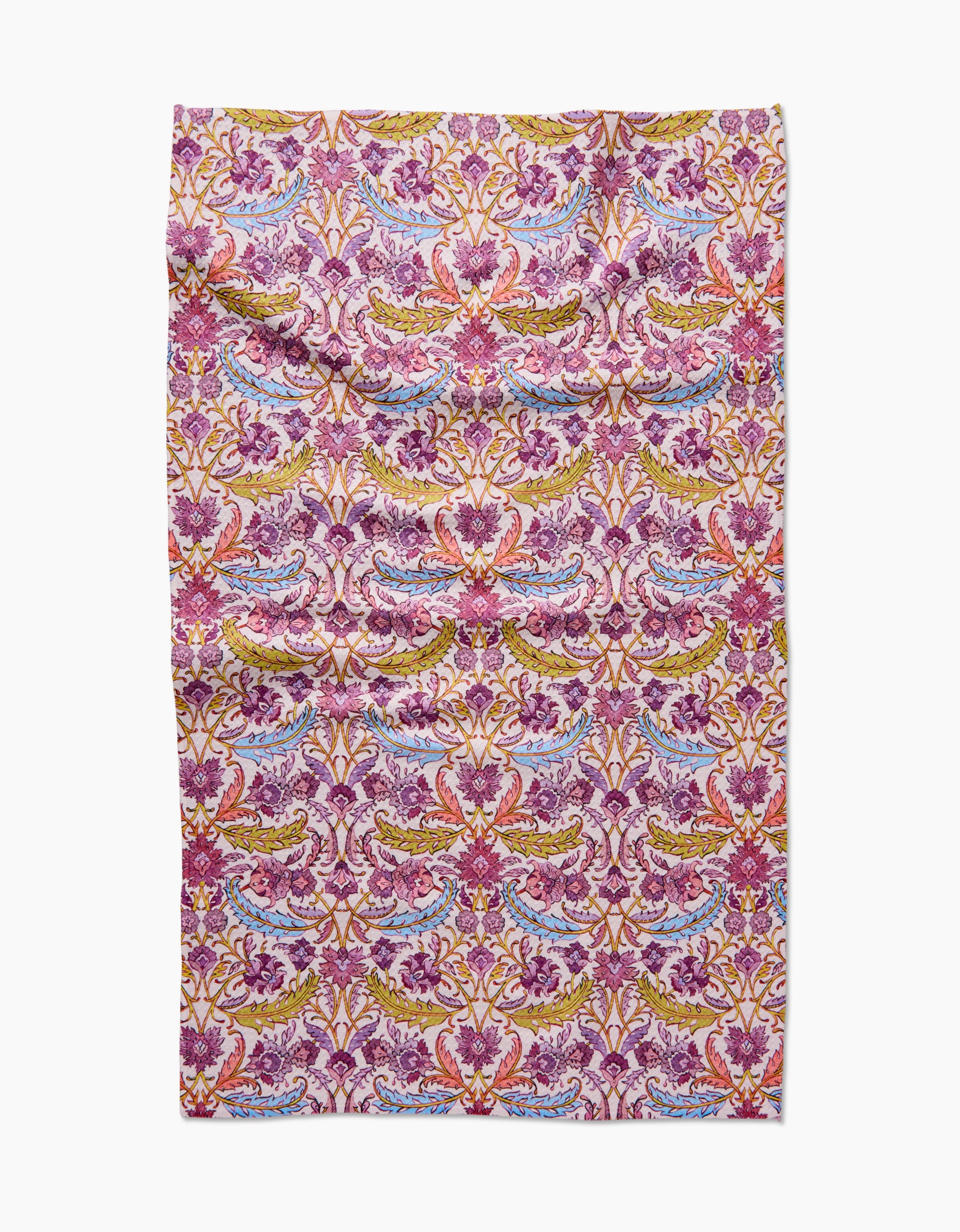 The Morning Glory tea towel by Maayan Alper-Swan features an ornate floral and leaf pattern in pink, yellow, red, and purple on rectangular Geoweave fabric—a vintage-style piece that adds charm to any home.