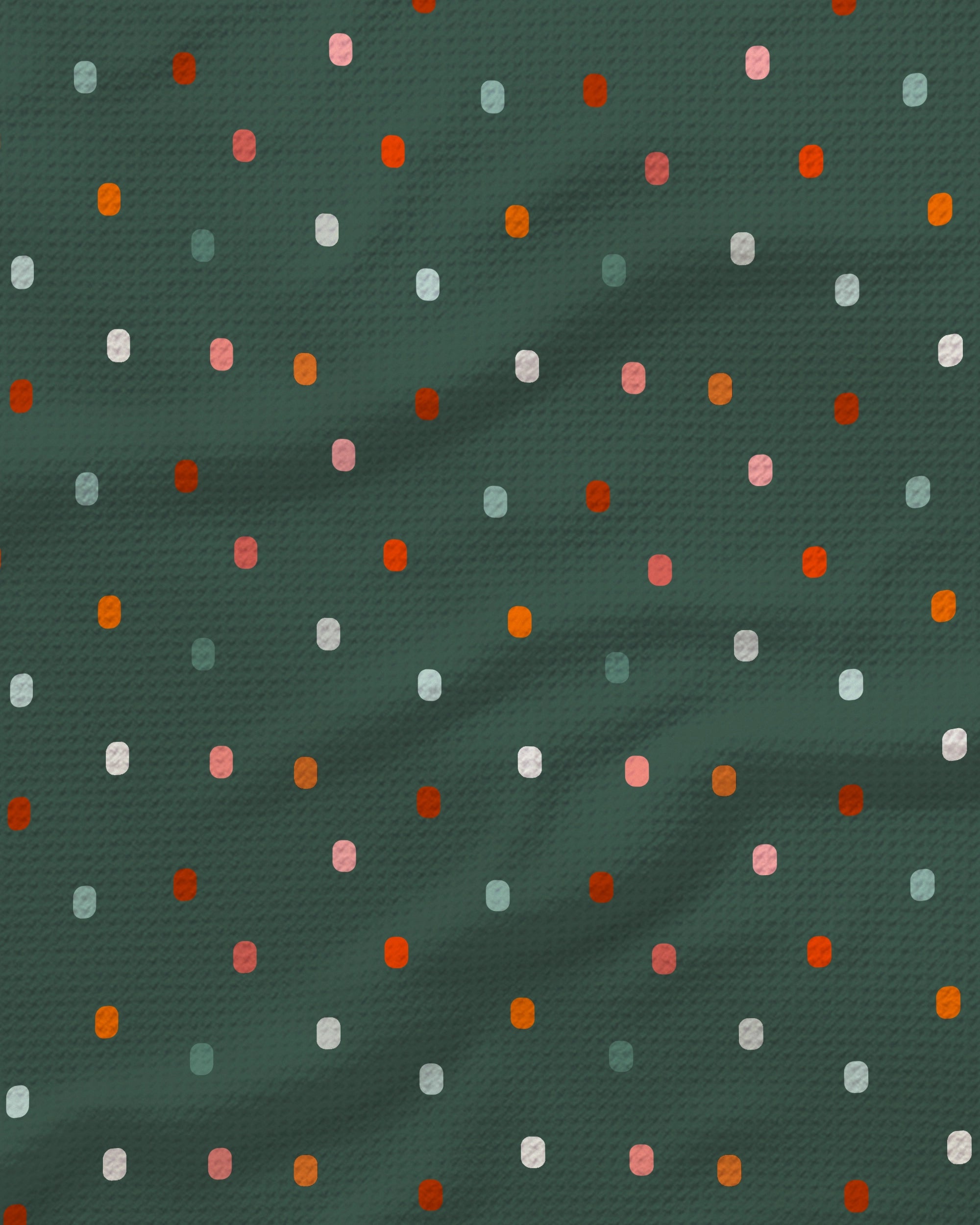 The Geometry Moss Tile Shuffle dish towel features a dark green textured fabric patterned with small, evenly spaced polka dots in red, orange, pink, and white. Slightly wrinkled for added depth, this absorbent towel blends vibrant style with practical function—making it perfect for everyday kitchen use.