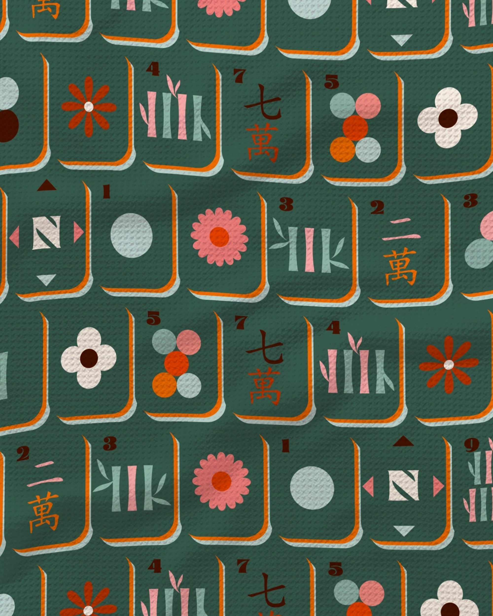 Introducing "Moss Tile Toss" by Geometry—a vibrant, seamless pattern inspired by stylized mahjong tiles adorned with flowers, dots, bamboo, and Chinese characters on a rich green textured background. Perfect for an eco-friendly kitchen or tea towel, this design brings lively charm and cultural elegance to your home.