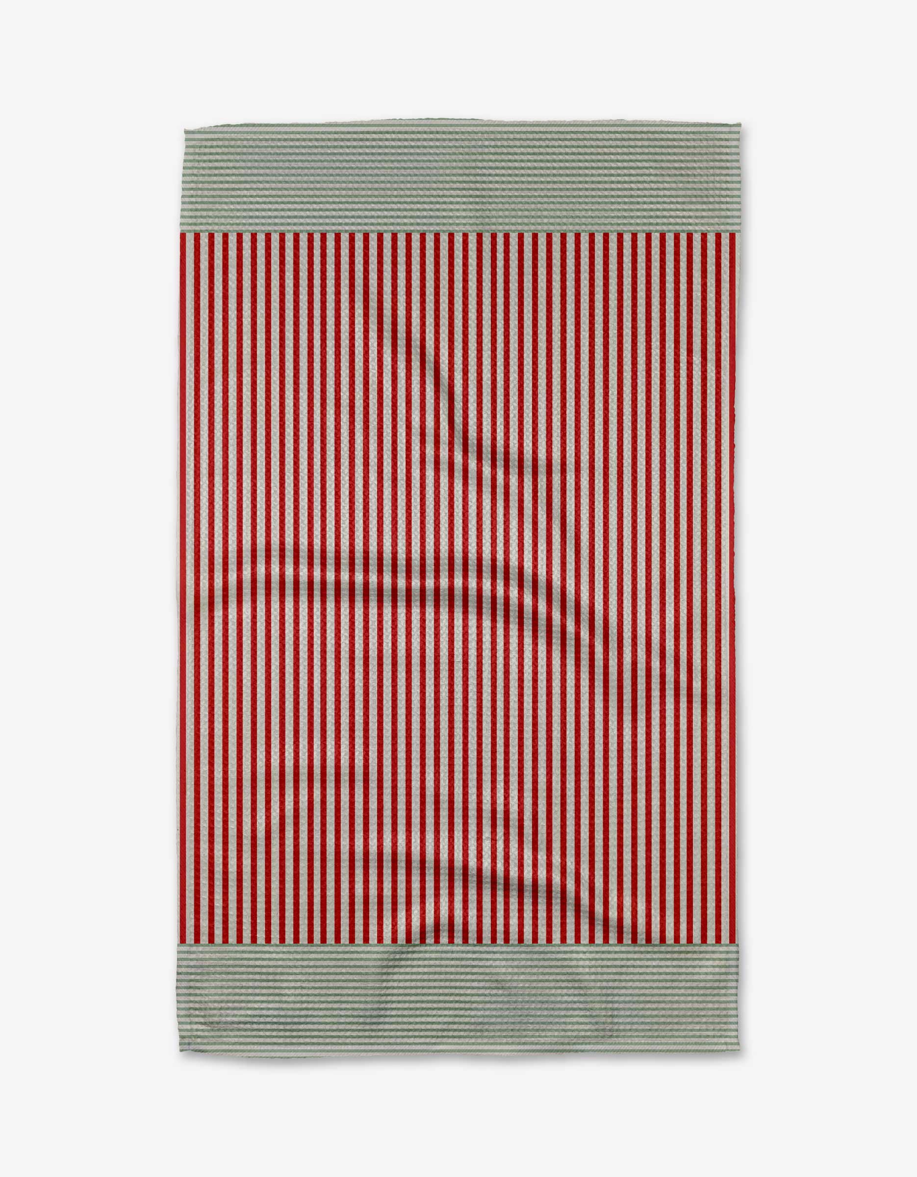 The Mrs.Clause Stripe tea towel by Kailee Wright features vertical red and white stripes in the center with solid gray textured bands on the top and bottom, all in a rectangular, ultra-absorbent design displayed on a white background.