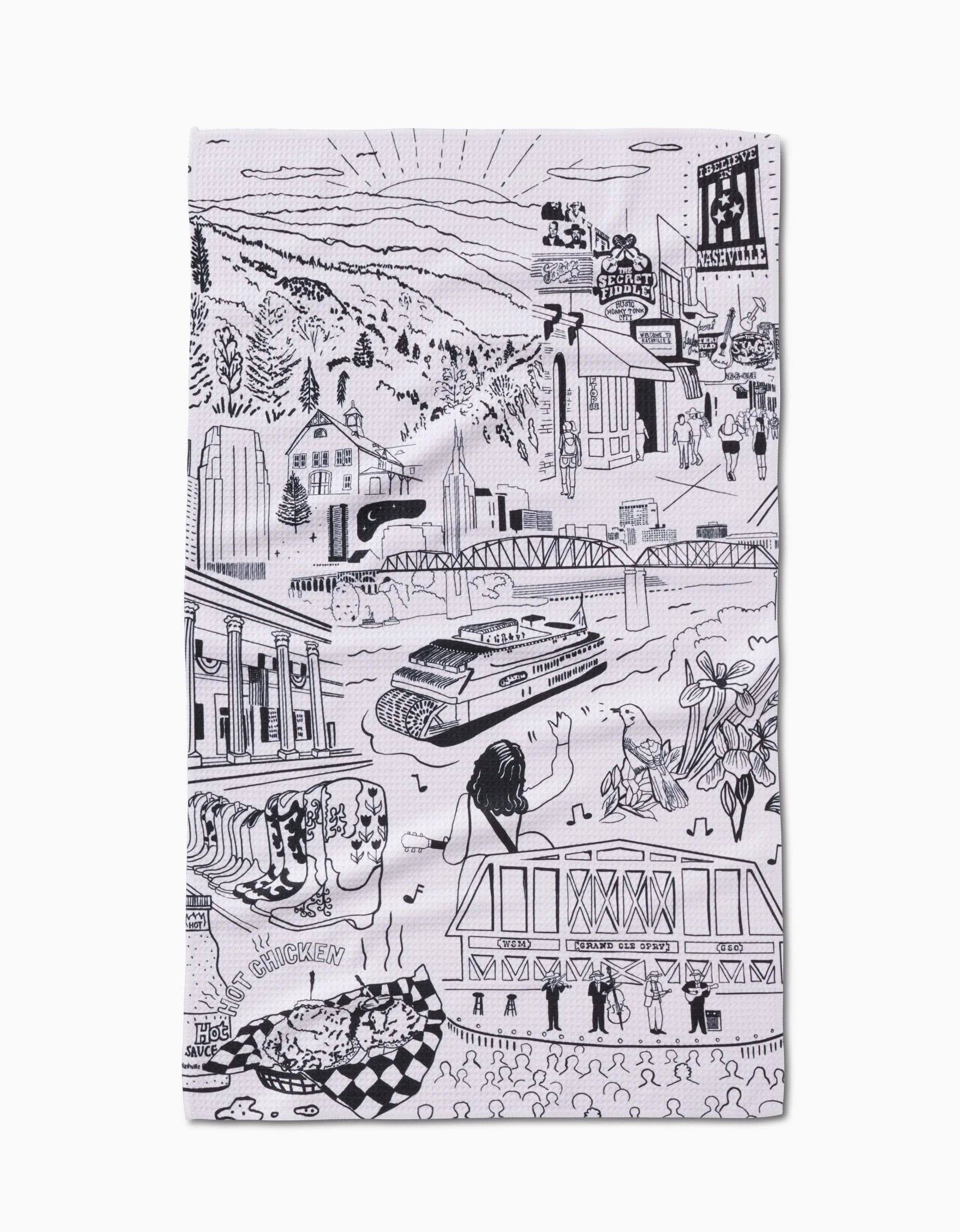 The Nashville Tea Towel by Elisabeth Wing features black and white illustrations of city landmarks—bridge, riverboat, musical notes, flowers, and people—on Geoweave™ fabric, celebrating Nashville’s vibrant music and culture.