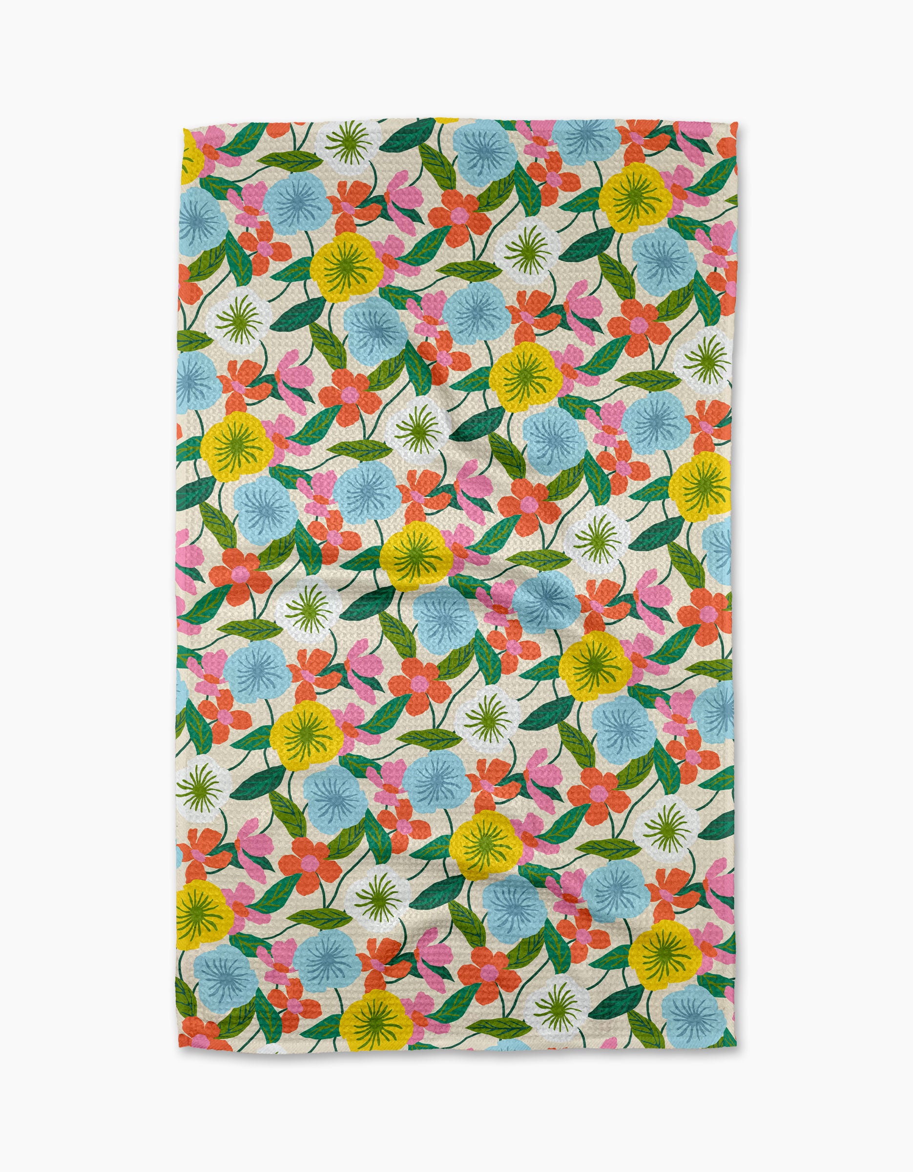 The New Mercies tea towel by Susan Heid features a colorful floral pattern with yellow, blue, orange, and pink flowers and green leaves on white, made from quick-drying recycled materials.
