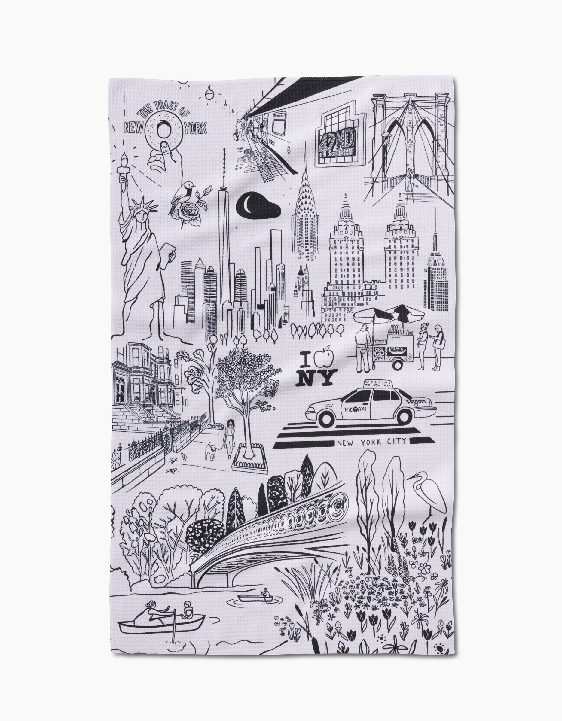 The New York towel by Elisabeth Wing features black-and-white illustrations of iconic NYC landmarks and is made from ultra-absorbent Geoweave fabric for quick drying and comfort.