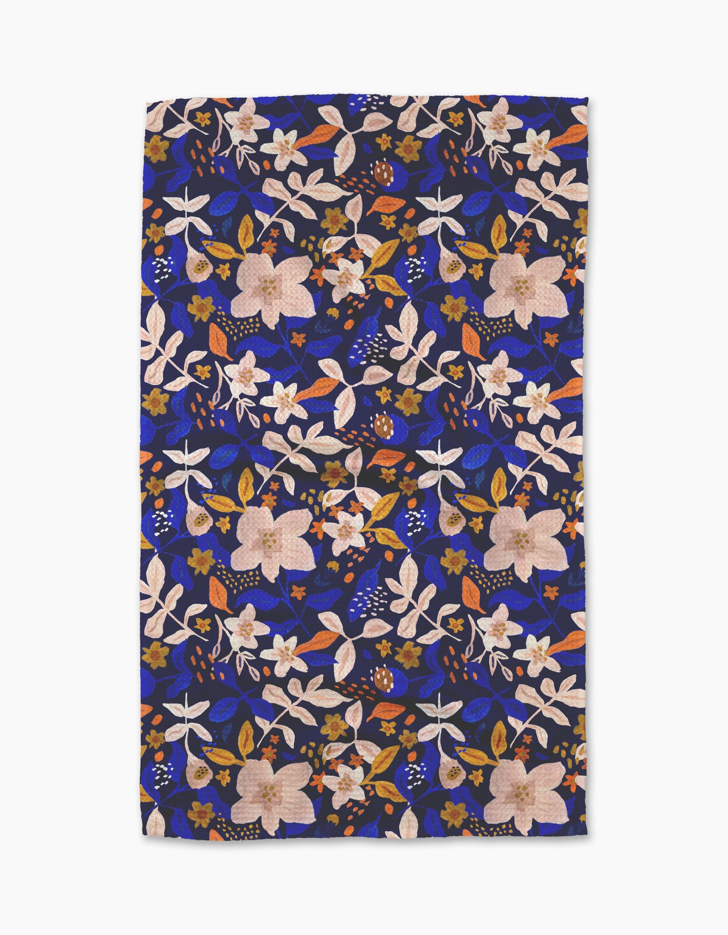 Nightfall Garden by Cottonflower Studio is a rectangular tea towel featuring a vibrant floral print in pink, white, and orange on deep blue. The decorative design covers the ultra-absorbent kitchen towel made from recycled materials.