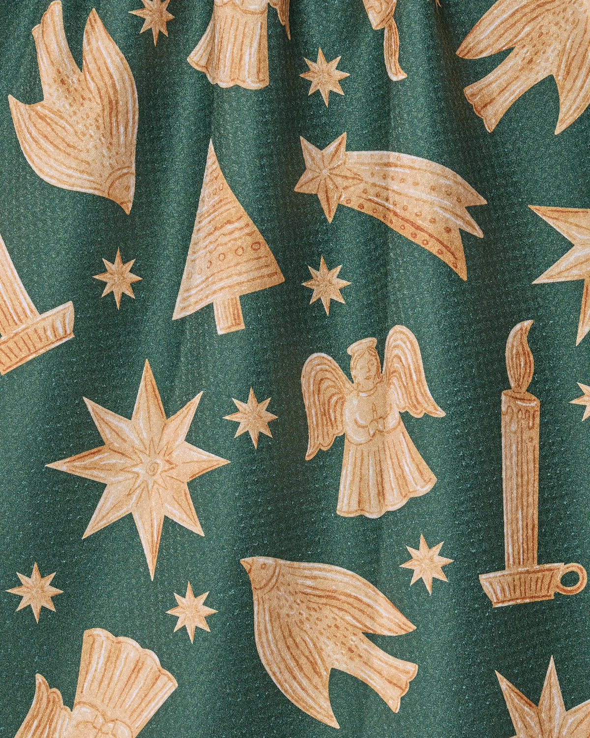 Noel Icons by Geometry is an ultra-absorbent kitchen tea towel crafted from recycled materials for an eco-friendly touch. Featuring stylized tan Christmas motifs—including stars, birds, an angel, a tree, a candle, and shooting stars—arranged in a festive pattern on a green background, this towel is perfect for adding holiday cheer to your kitchen.