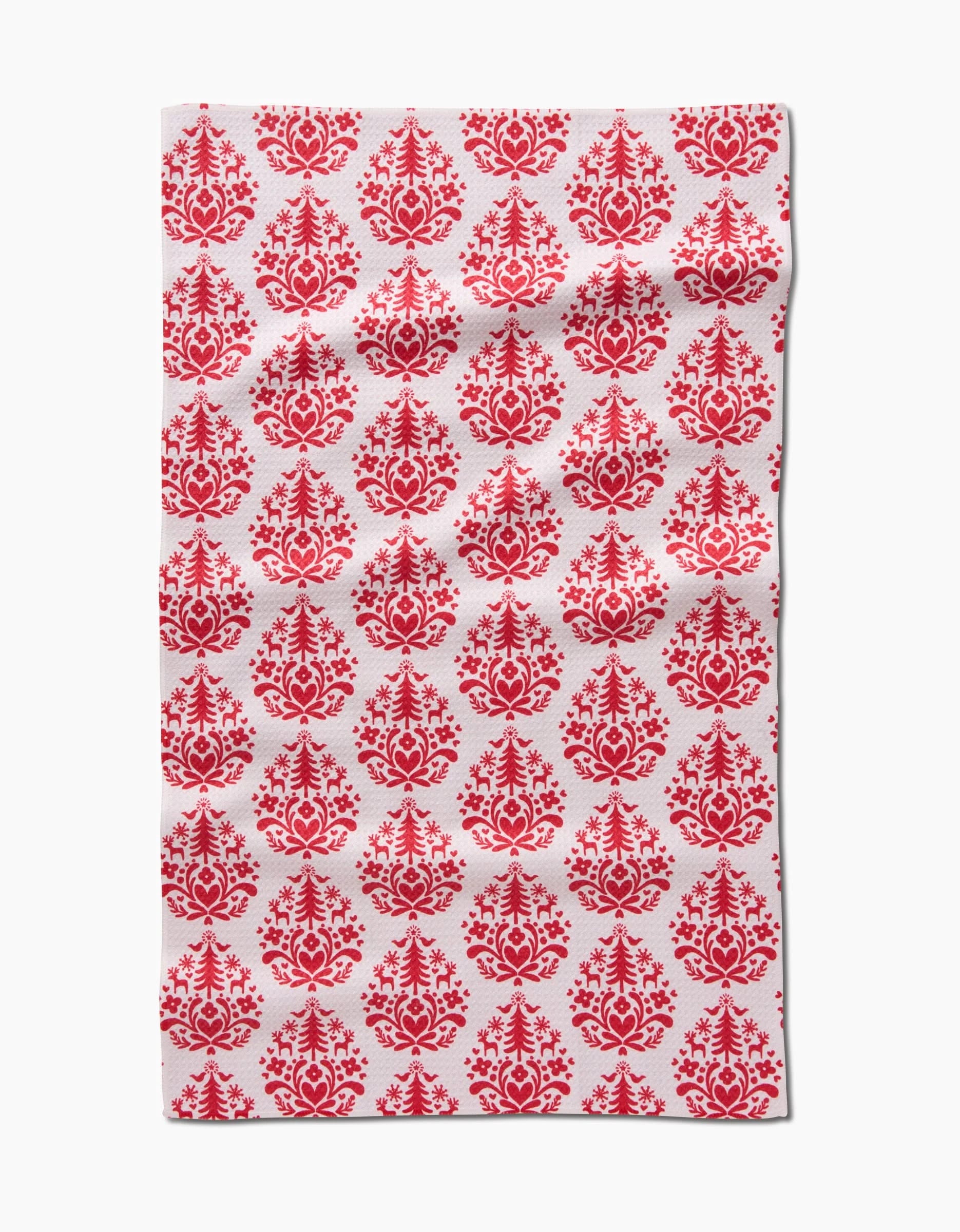 The Kayla Ann Nordic Holiday Stamp tea towel features a repeating red floral damask pattern on white, arranged in neat rows. Made from ultra-absorbent fabric, it’s shown slightly wrinkled against a white background.